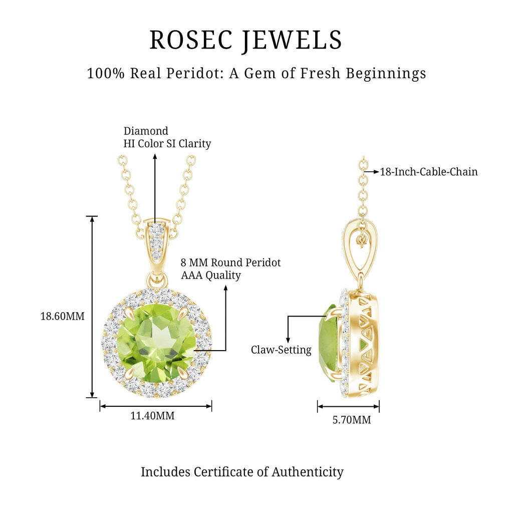 Peridot Diamond Pendant – 2 Carat Round Peridot With Diamond Halo Necklace