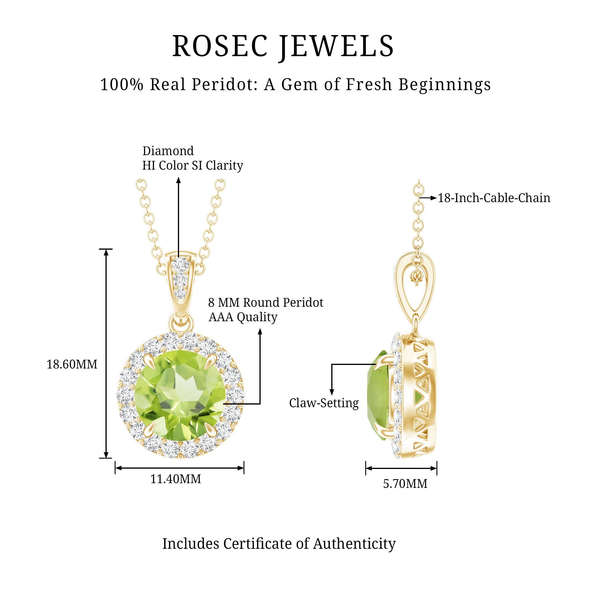 Peridot Diamond Pendant – 2 Carat Round Peridot With Diamond Halo Necklace