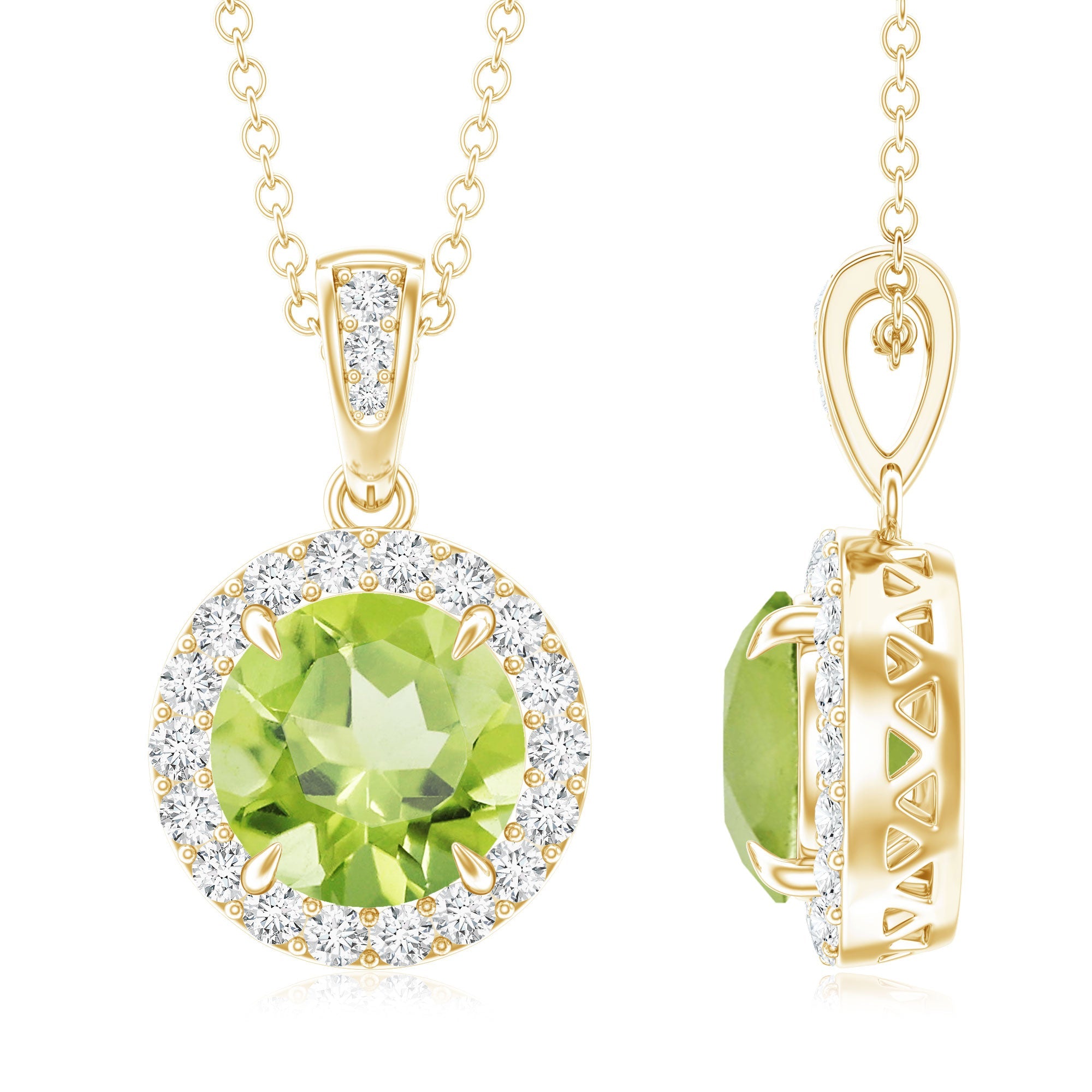 Peridot Diamond Pendant – 2 Carat Round Peridot With Diamond Halo Necklace