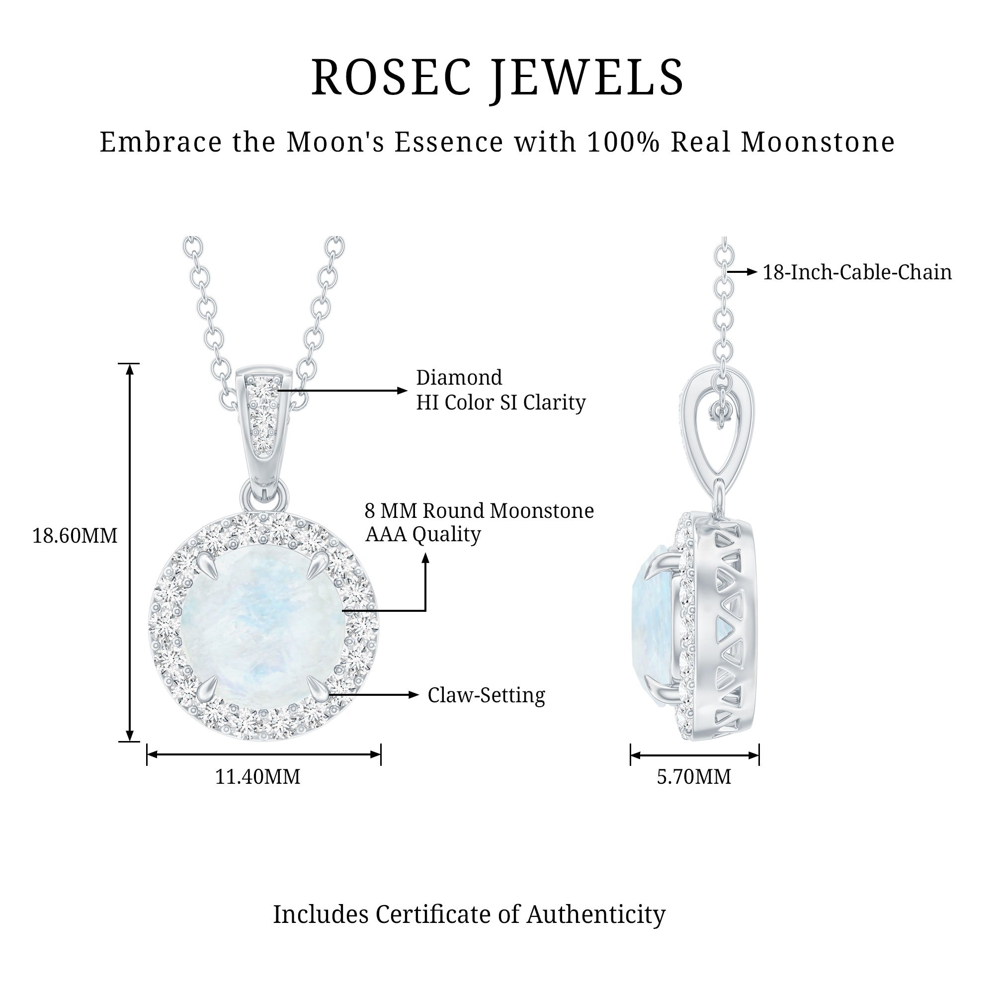 Moonstone Halo Pendant – Claw Set Pendant With Diamond Halo Necklace | Rosec Jewels