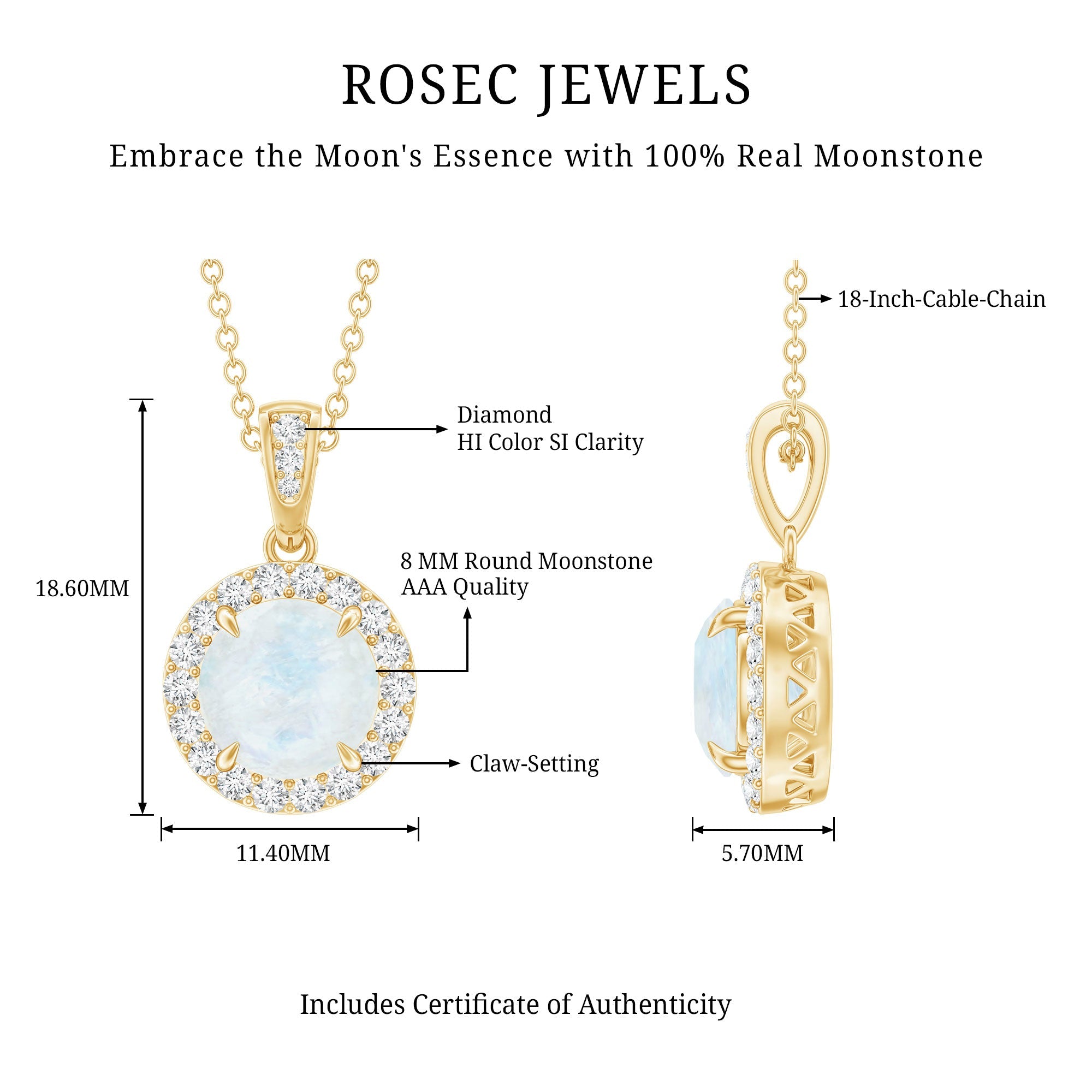 Moonstone Halo Pendant – Claw Set Pendant With Diamond Halo Necklace | Rosec Jewels