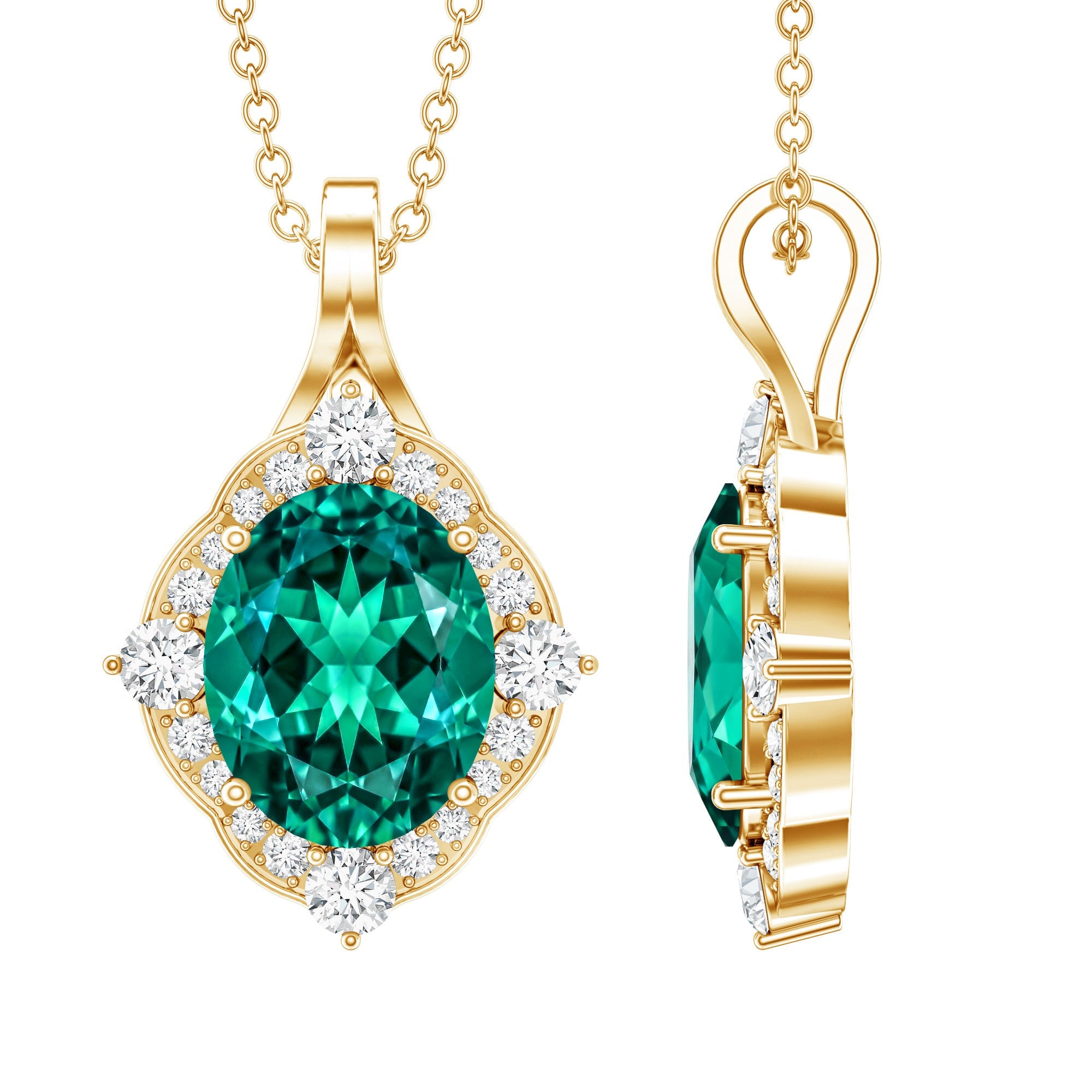 Lab Emerald Necklace – 3 Carat Oval Emerald Pendant with Diamond Halo Vintage Design