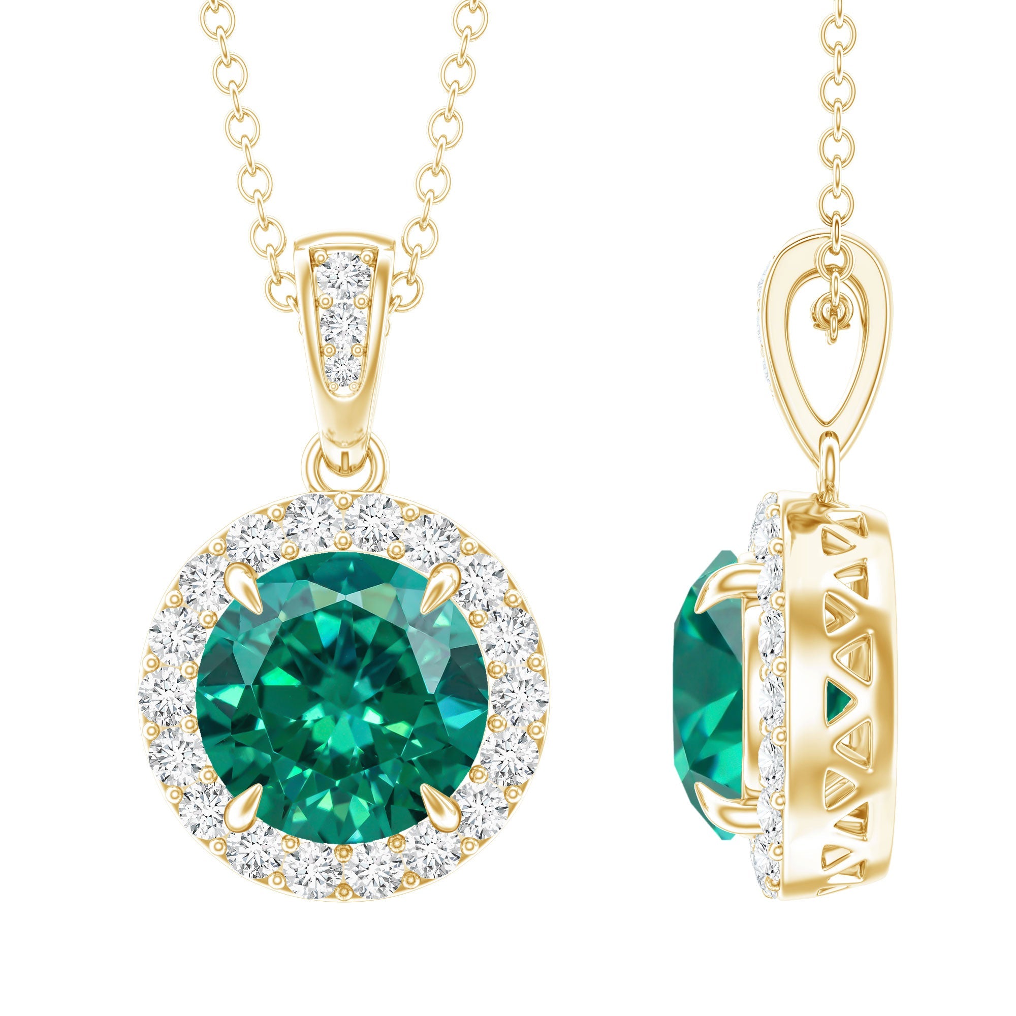 Lab Grown Emerald Necklace – 2 Carat Round Cut Emerald Diamond Halo Pendant