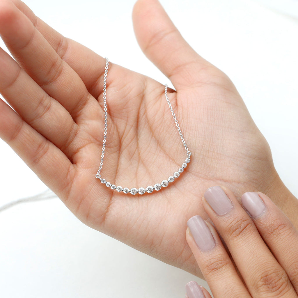 Moissanite Curved Bar Necklace – Elegant Horizontal Pendant with Round Cut Stones