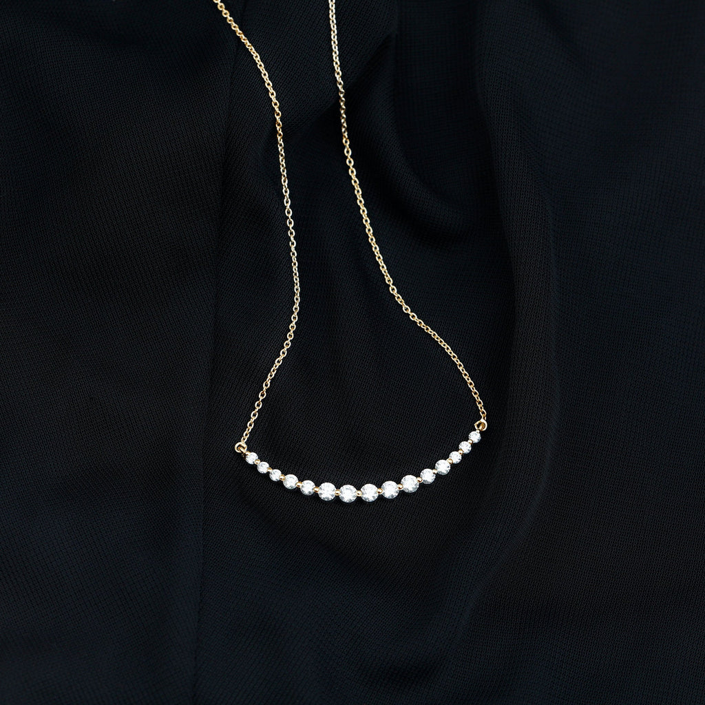 Moissanite Curved Bar Necklace – Elegant Horizontal Pendant with Round Cut Stones