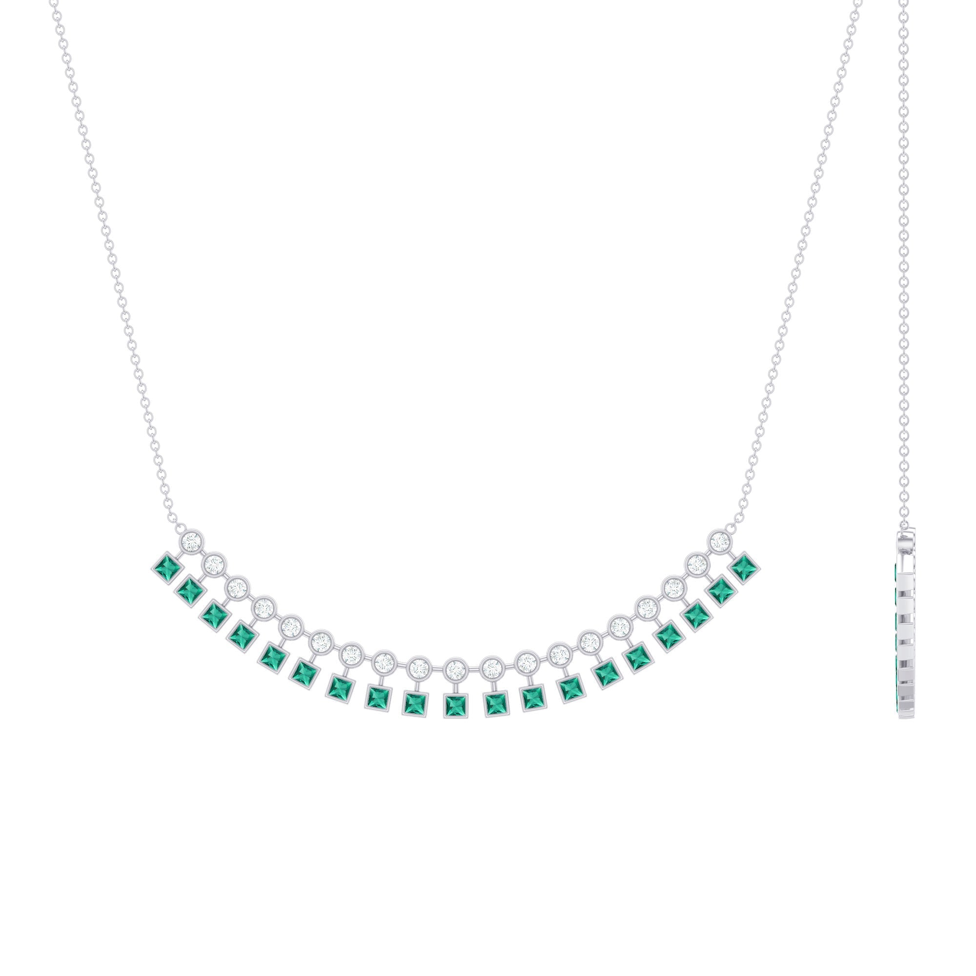 Lab Grown Emerald Necklace – Curved Bar Necklace with Princess Cut Emeralds & Moissanite