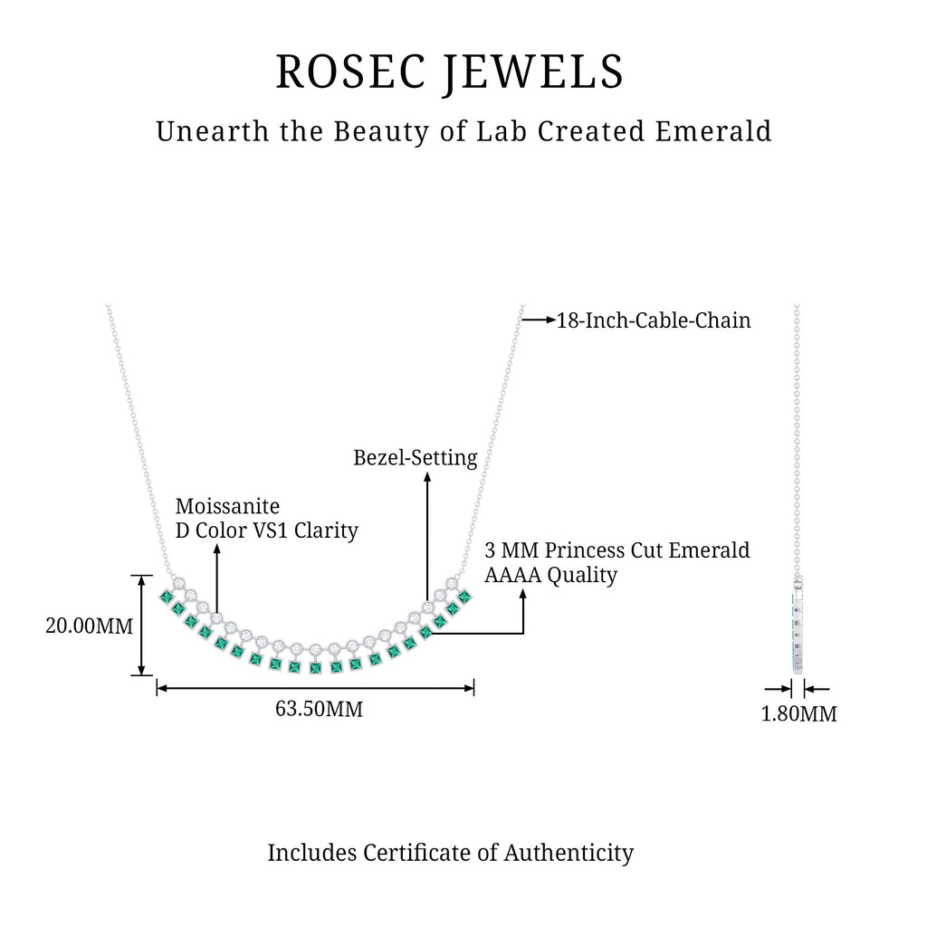 Lab Grown Emerald Necklace – Curved Bar Necklace with Princess Cut Emeralds & Moissanite