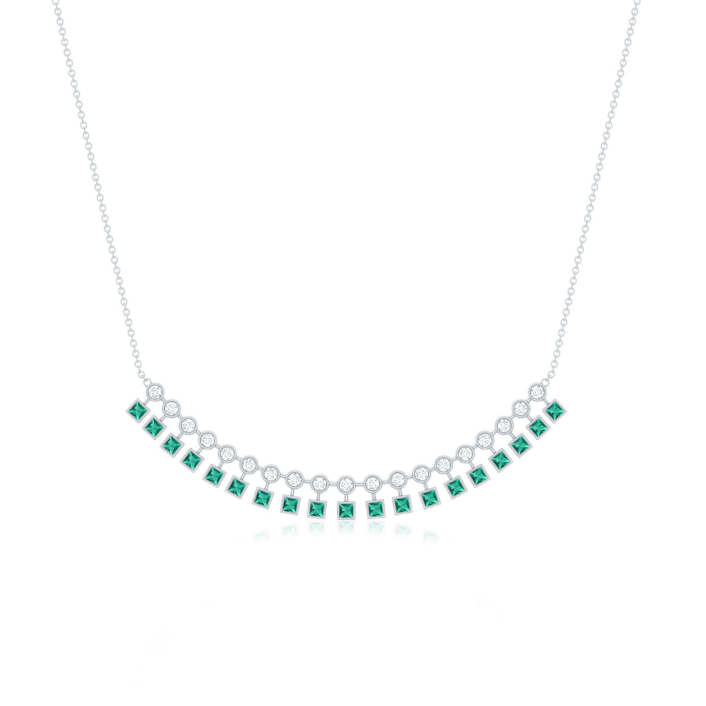 Lab Grown Emerald Necklace – Curved Bar Necklace with Princess Cut Emeralds & Moissanite