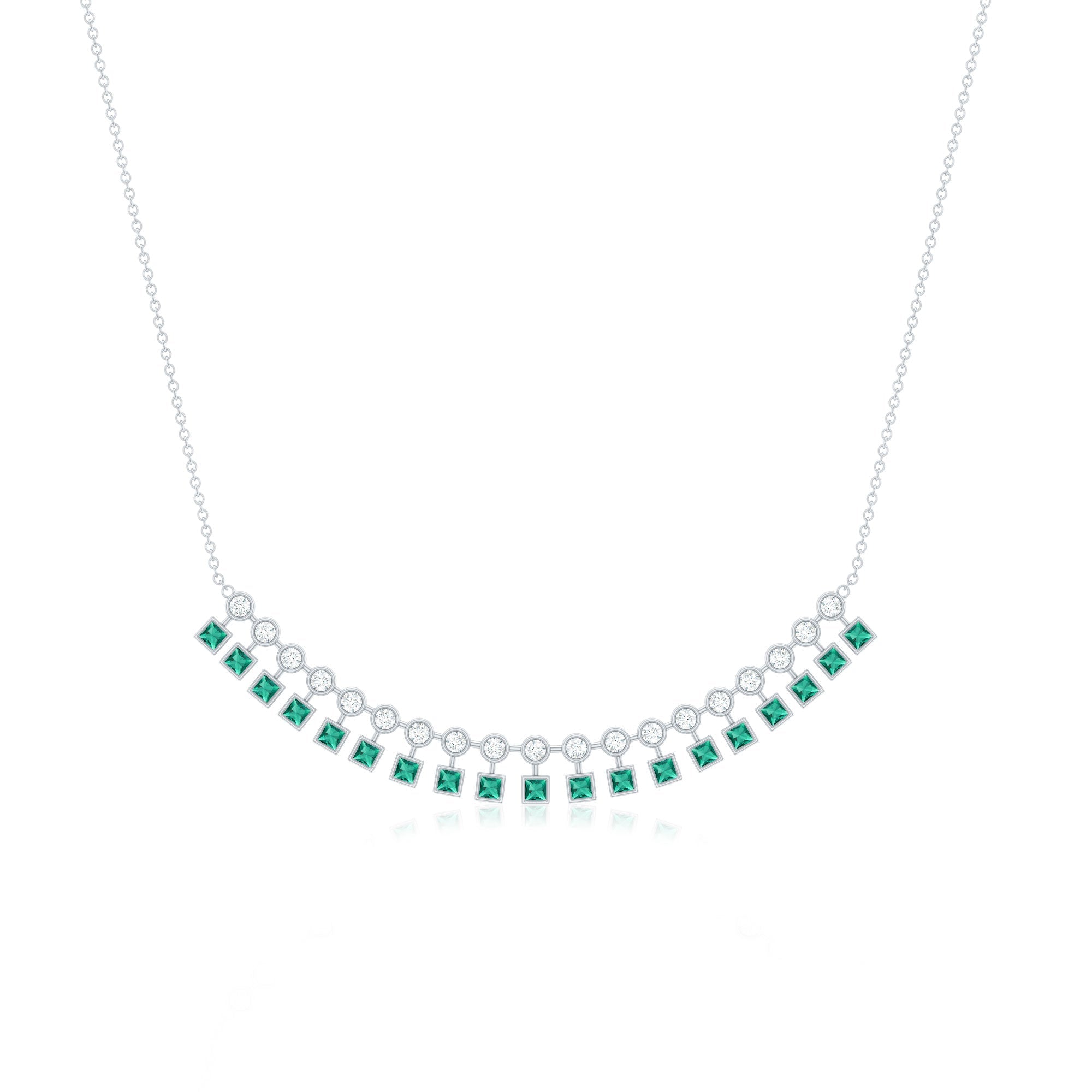 Lab Grown Emerald Necklace – Curved Bar Necklace with Princess Cut Emeralds & Moissanite