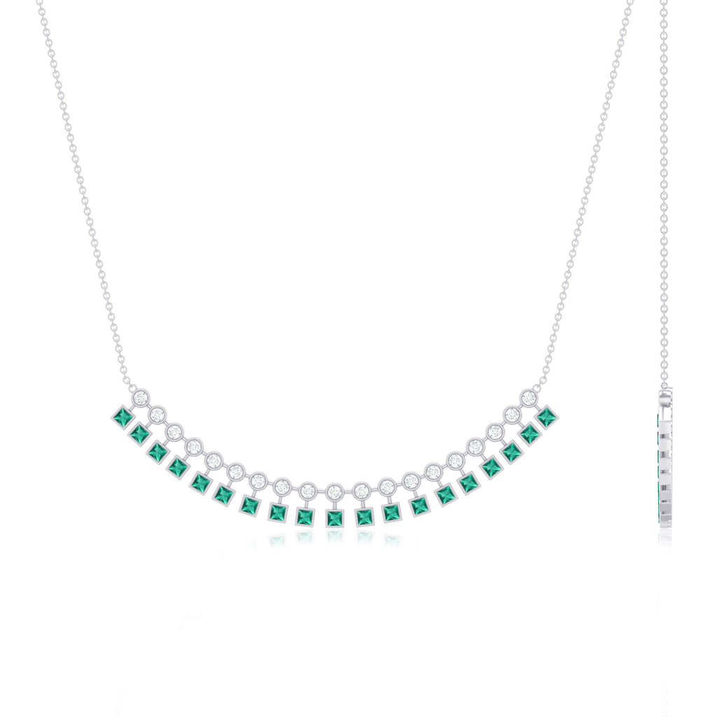 Lab Grown Emerald Necklace – Curved Bar Necklace with Princess Cut Emeralds & Moissanite