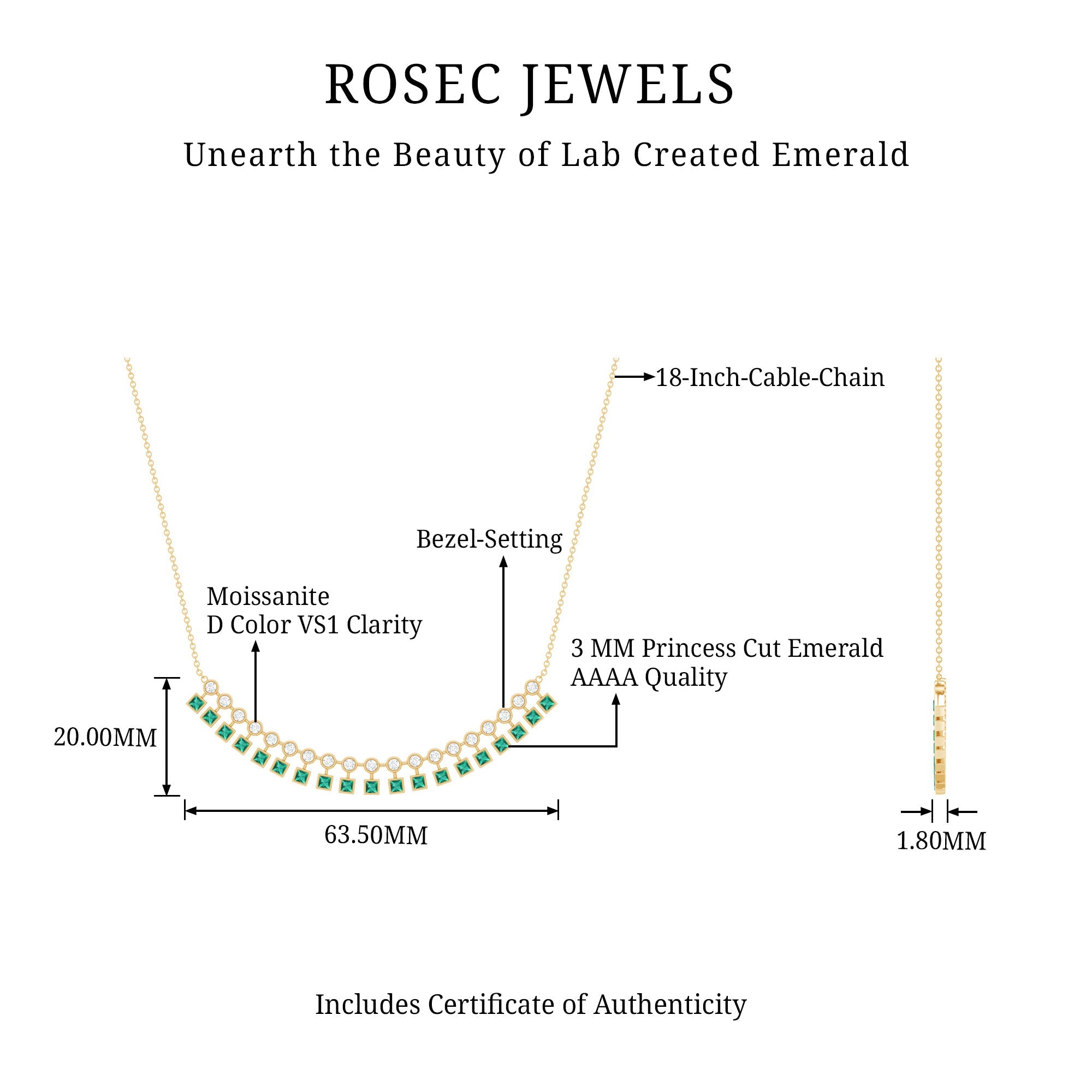 Lab Grown Emerald Necklace – Curved Bar Necklace with Princess Cut Emeralds & Moissanite