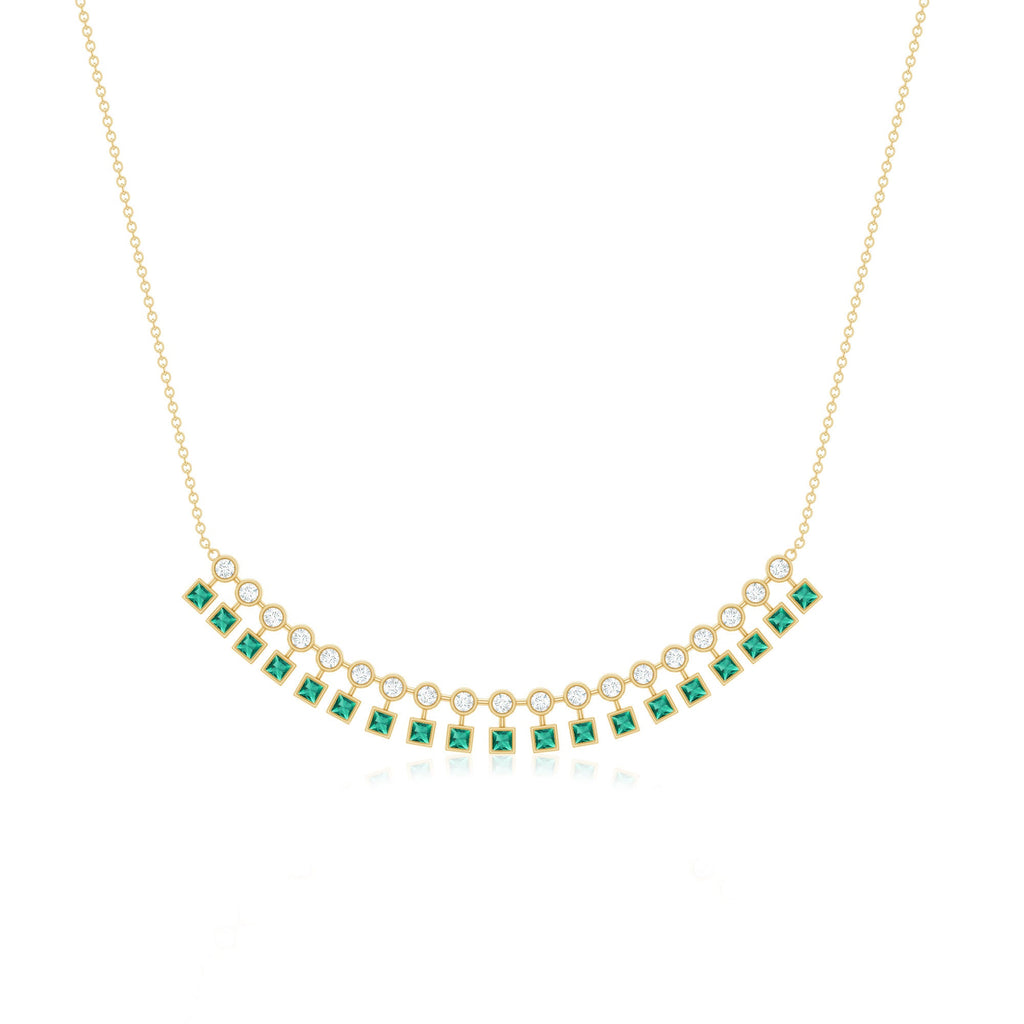 Lab Grown Emerald Necklace – Curved Bar Necklace with Princess Cut Emeralds & Moissanite