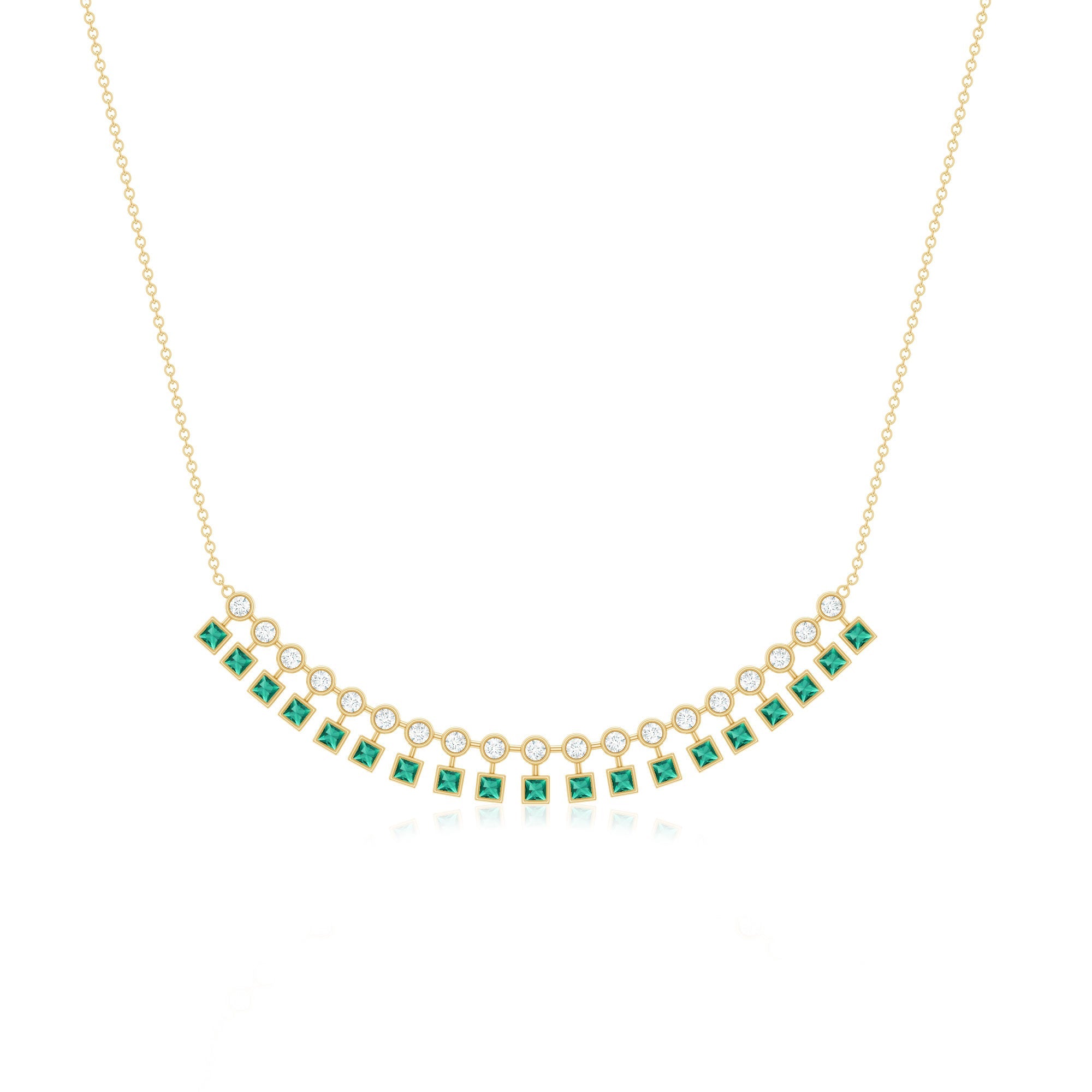 Lab Grown Emerald Necklace – Curved Bar Necklace with Princess Cut Emeralds & Moissanite