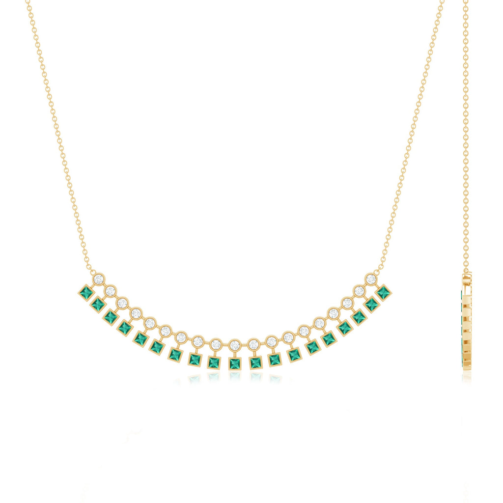 Lab Grown Emerald Necklace – Curved Bar Necklace with Princess Cut Emeralds & Moissanite