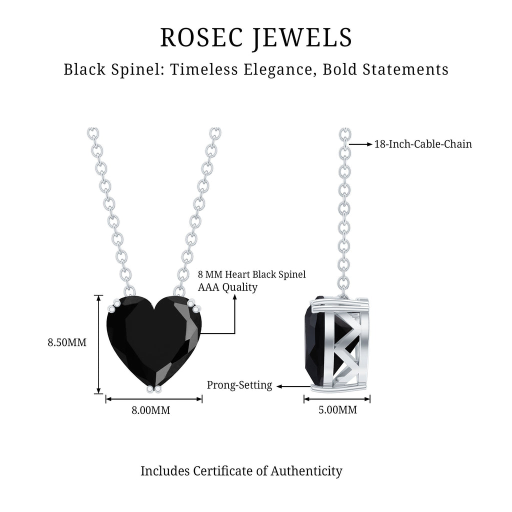 Black Spinel Necklace - 2 Carat Heart Shape Solitaire Pendant in Double Prong Setting