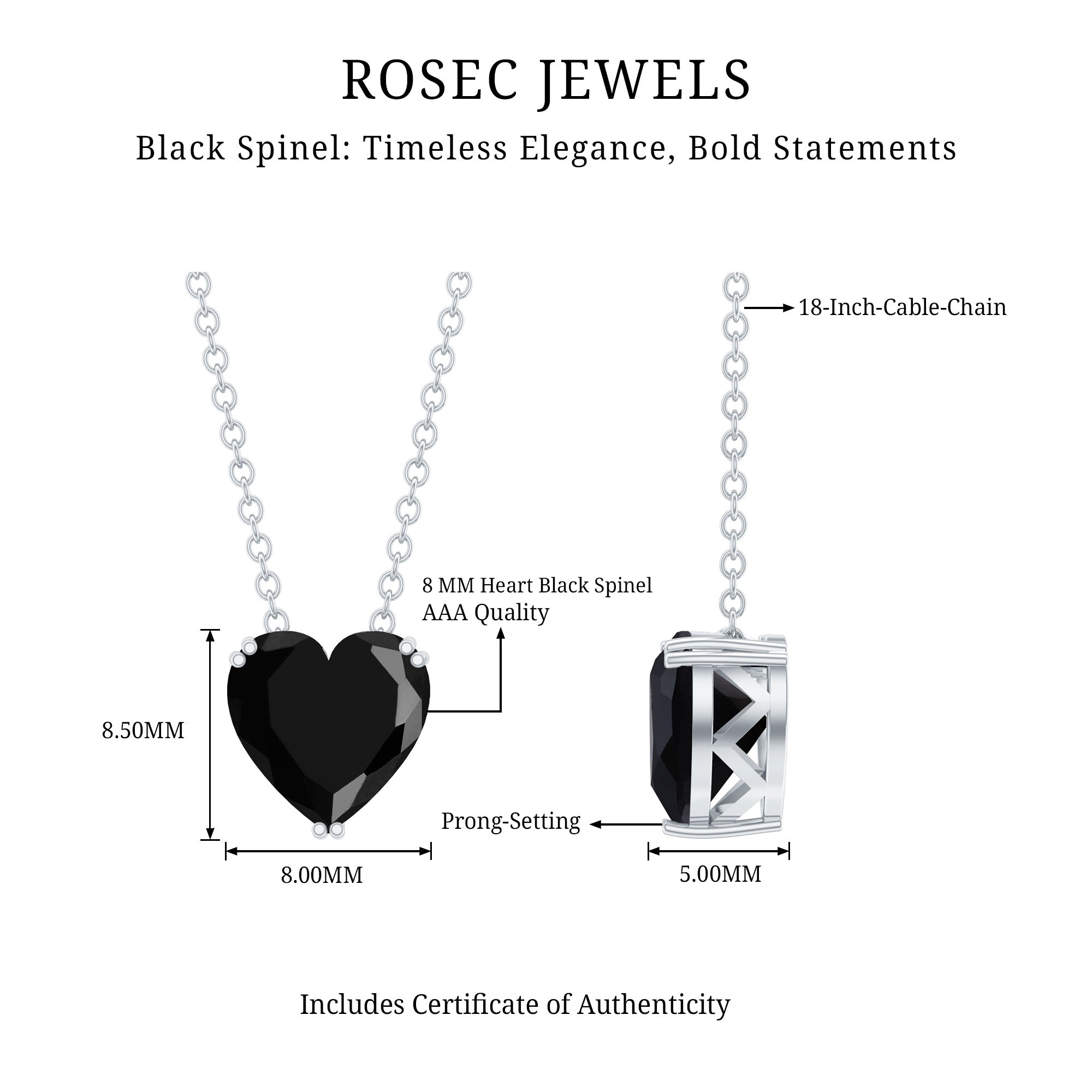 Black Spinel Necklace - 2 Carat Heart Shape Solitaire Pendant in Double Prong Setting