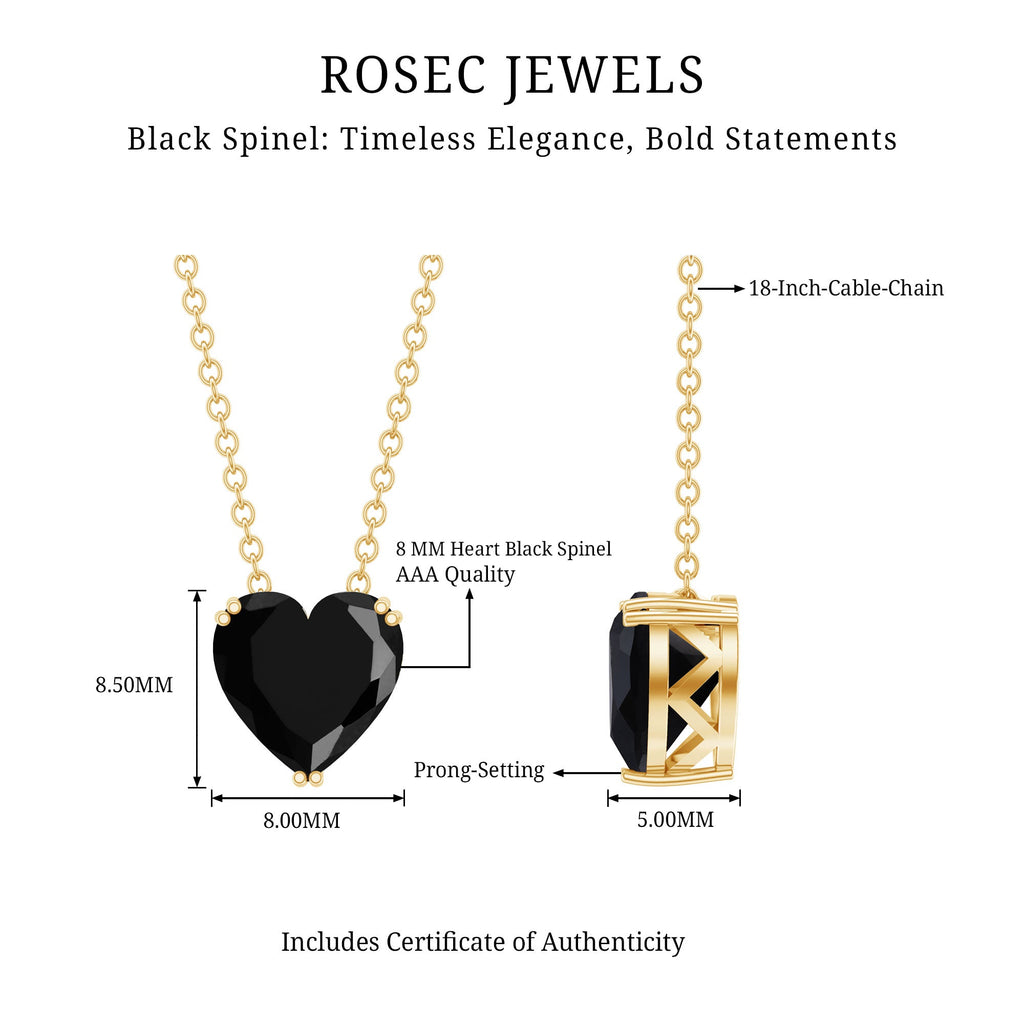 Black Spinel Necklace - 2 Carat Heart Shape Solitaire Pendant in Double Prong Setting