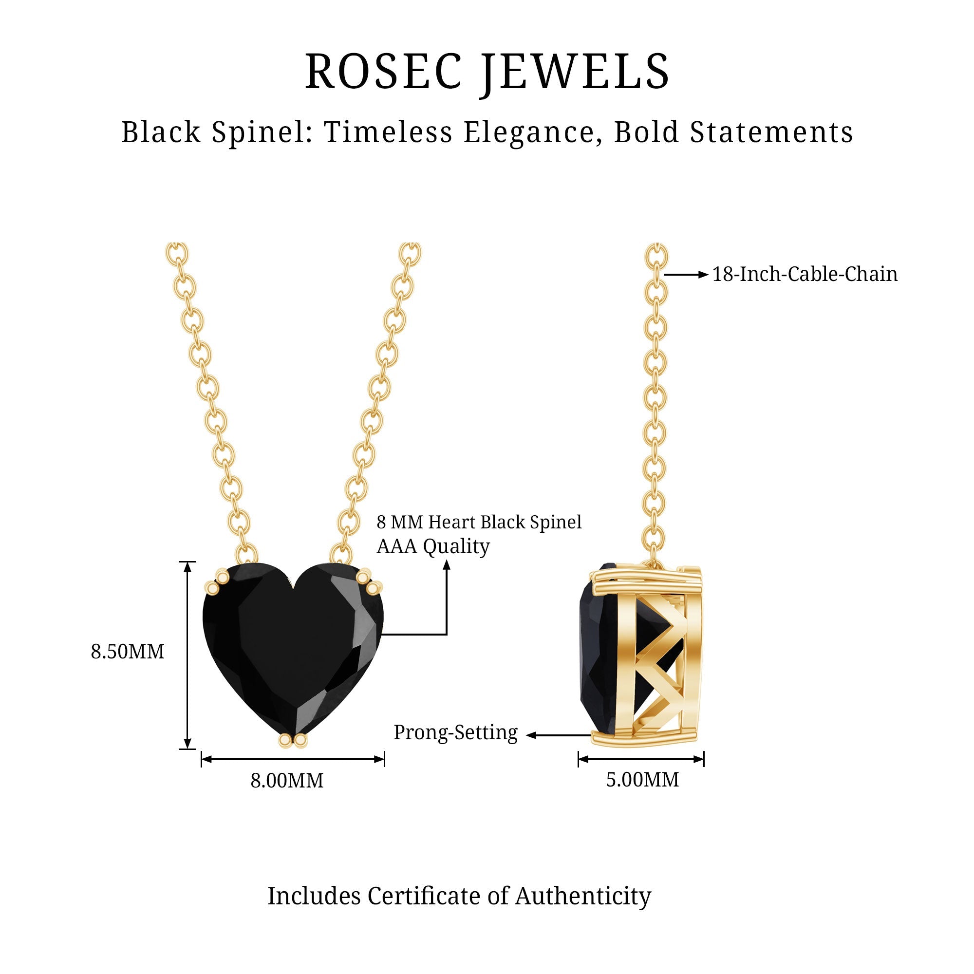 Black Spinel Necklace - 2 Carat Heart Shape Solitaire Pendant in Double Prong Setting
