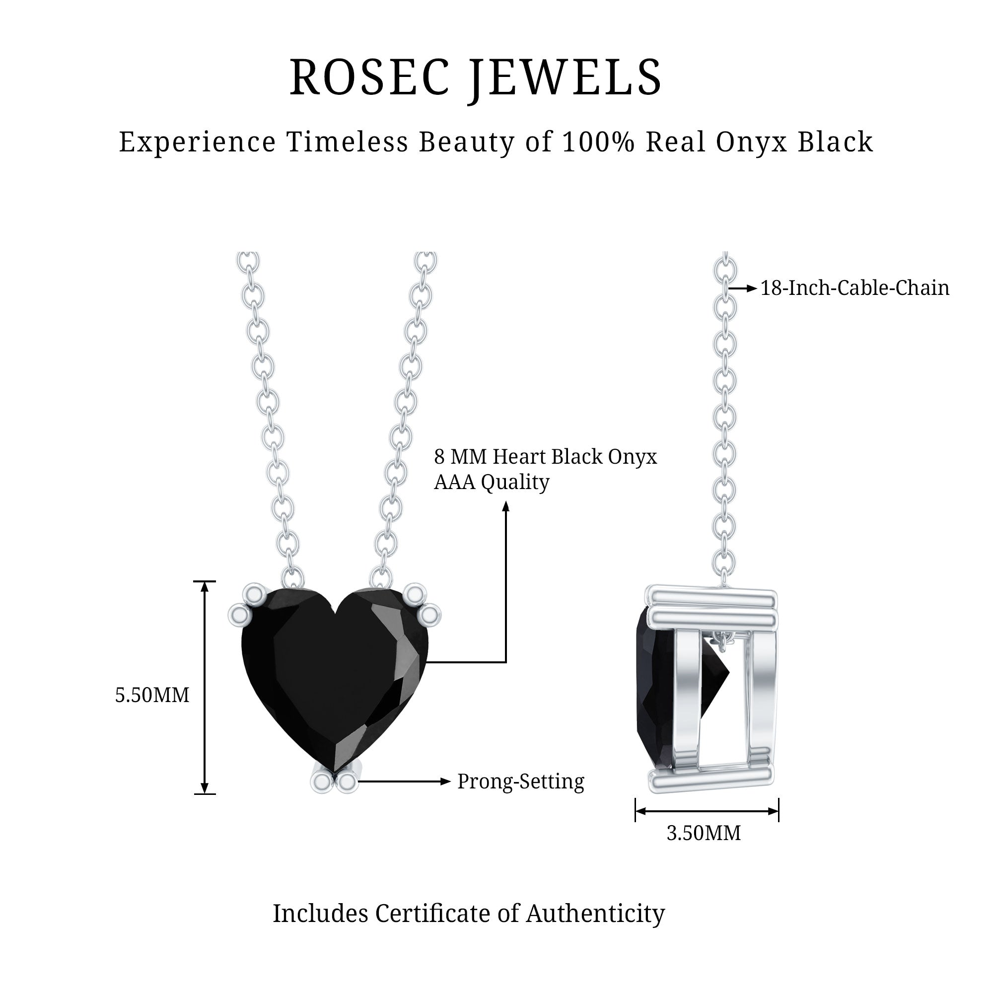 Heart Shape 2 Carat Black Onyx Solitaire Necklace