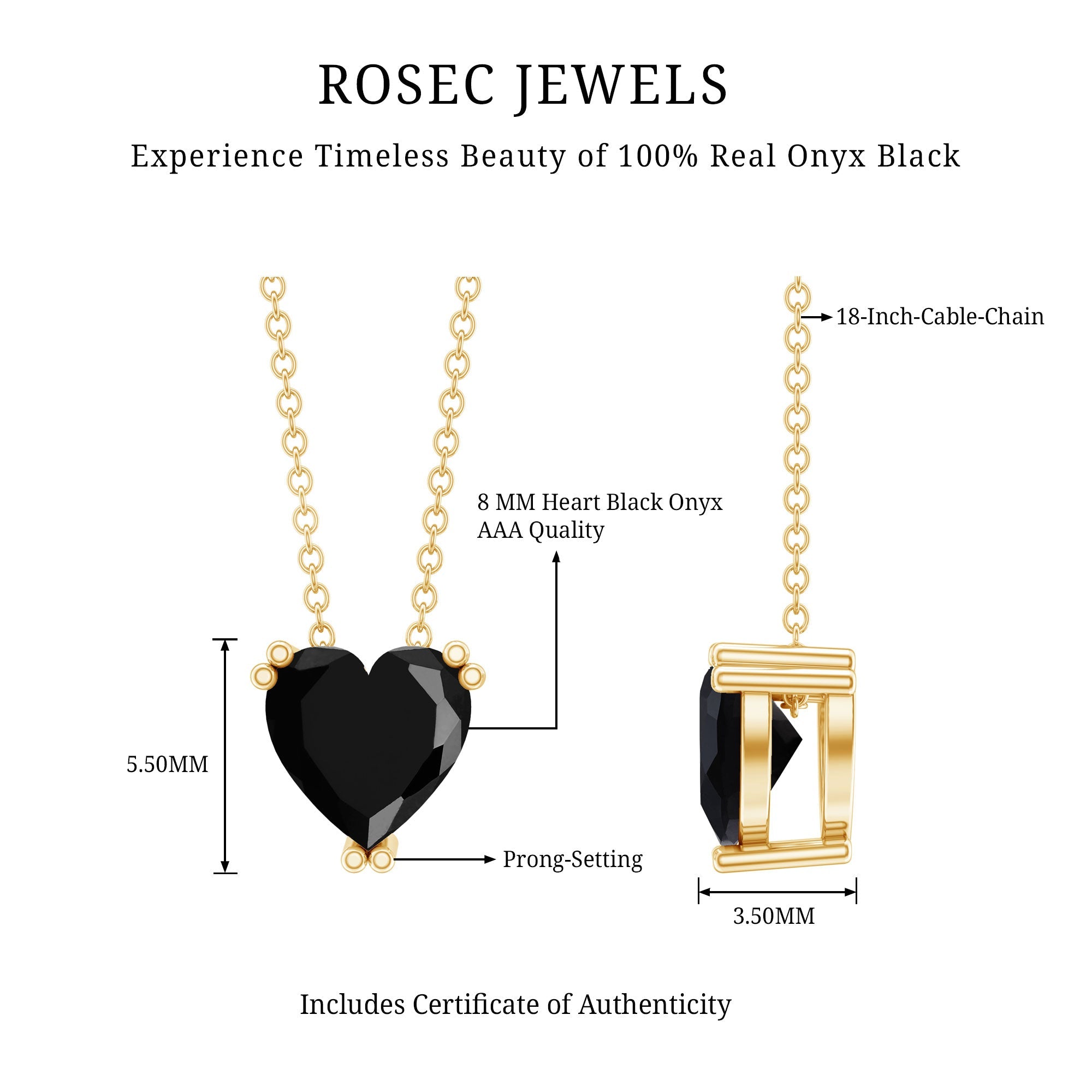 Heart Shape 2 Carat Black Onyx Solitaire Necklace