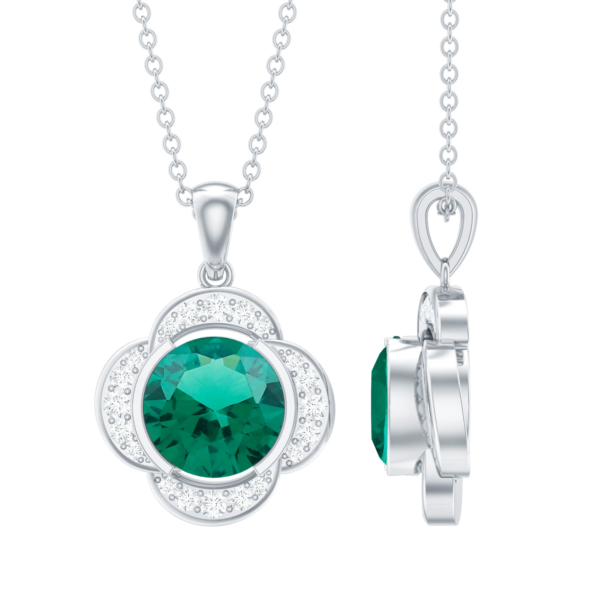 Lab Grown Emerald Necklace – 2 Carat Diamond Flower Pendant With Adjustable Cable Chain
