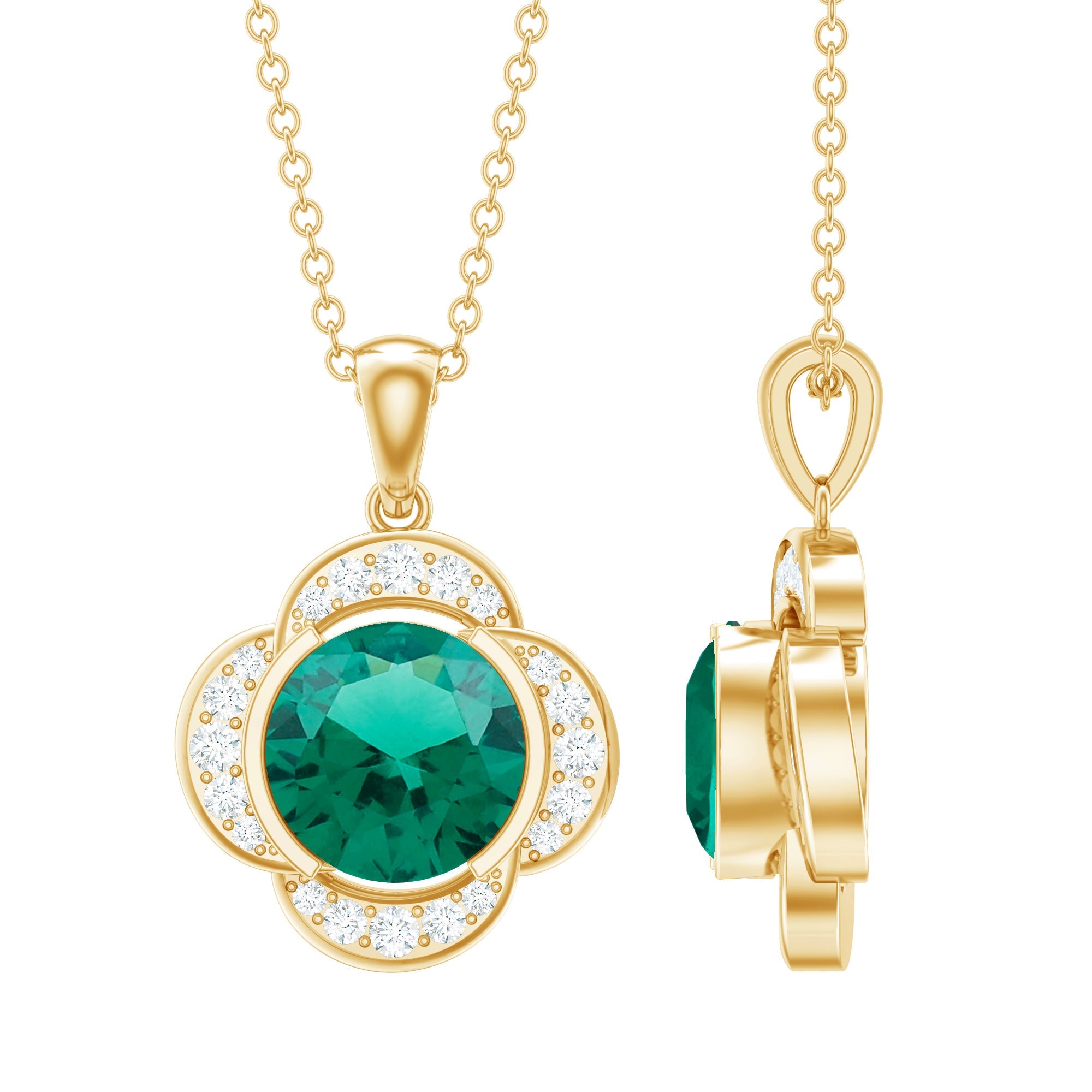 Lab Grown Emerald Necklace – 2 Carat Diamond Flower Pendant With Adjustable Cable Chain