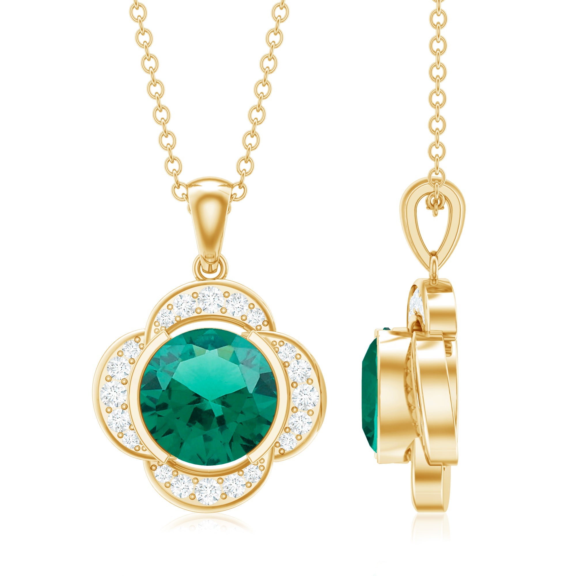 Lab Grown Emerald Necklace – 2 Carat Diamond Flower Pendant With Adjustable Cable Chain
