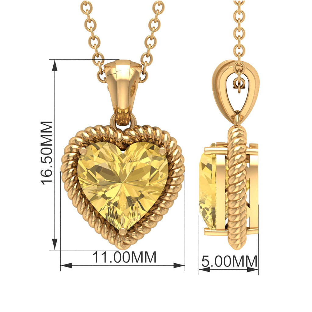 Natural Heart Shape 2 Carat Citrine Pendant Necklace with Rope Frame