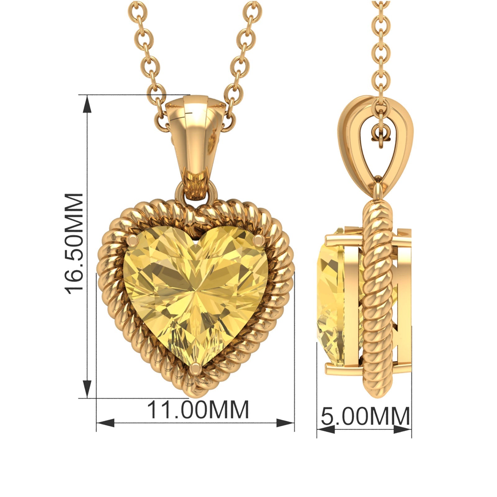 Natural Heart Shape 2 Carat Citrine Pendant Necklace with Rope Frame