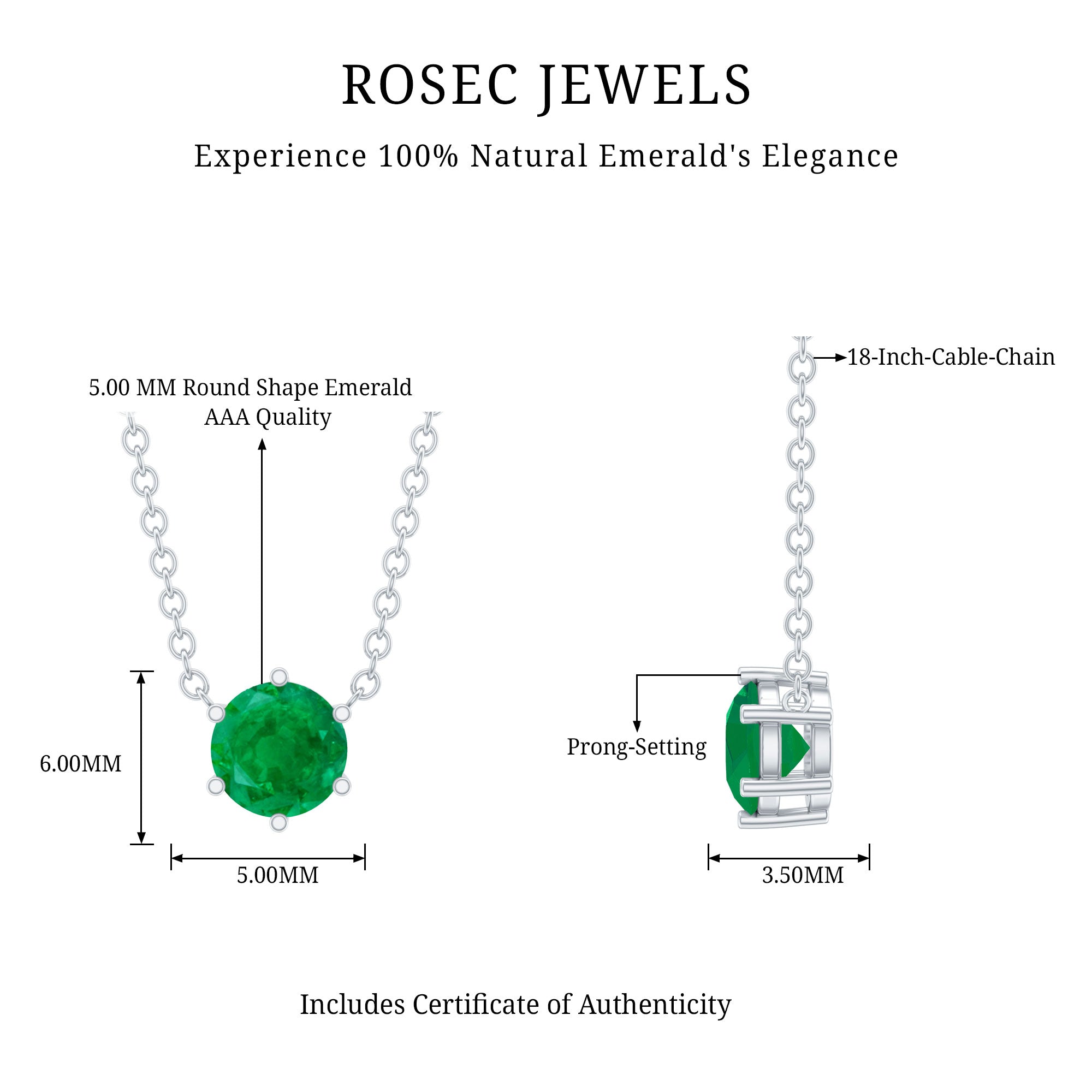Emerald Solitaire Necklace – 5MM Round Cut Emerald in Secure 6 Prong Setting