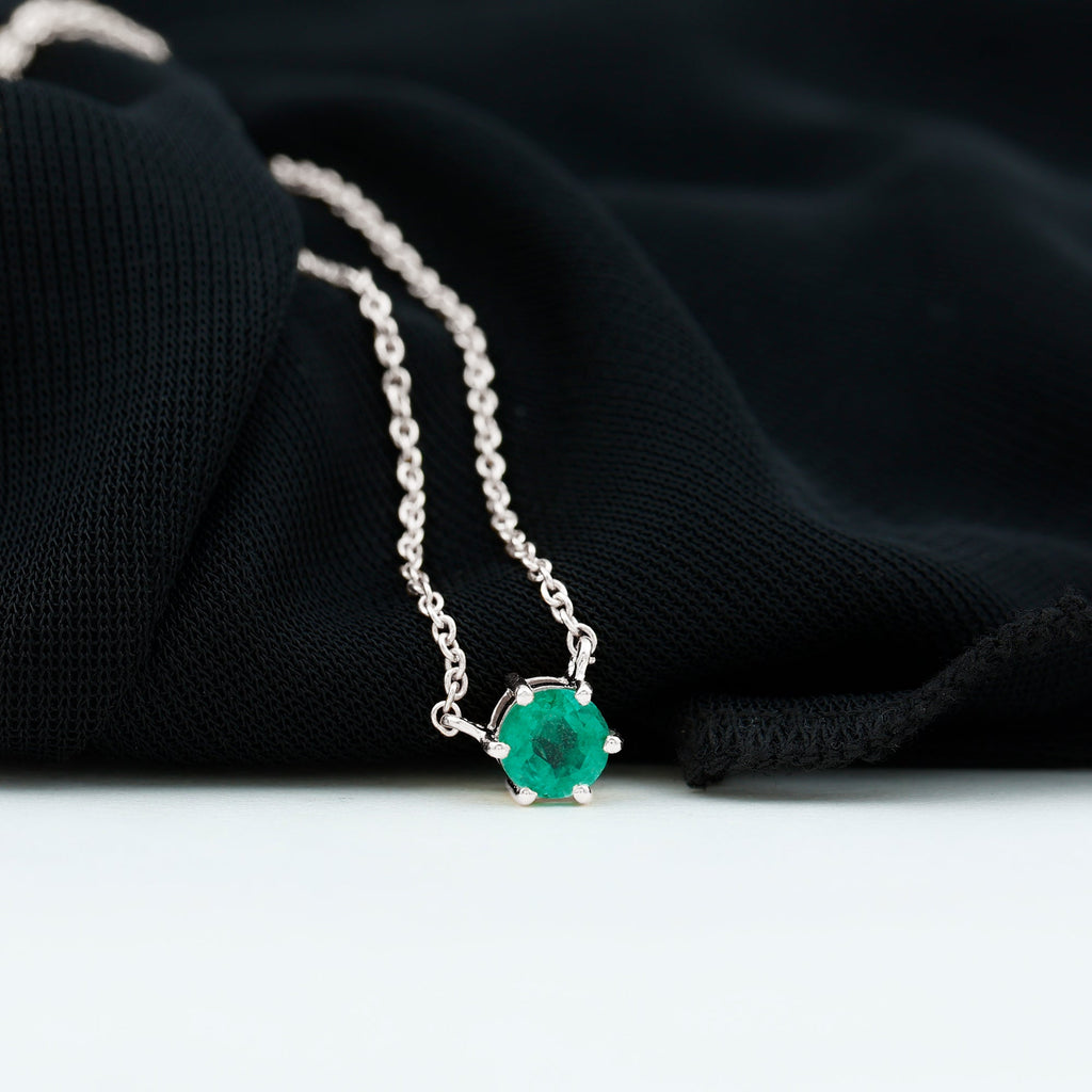 Emerald Solitaire Necklace – 5MM Round Cut Emerald in Secure 6 Prong Setting