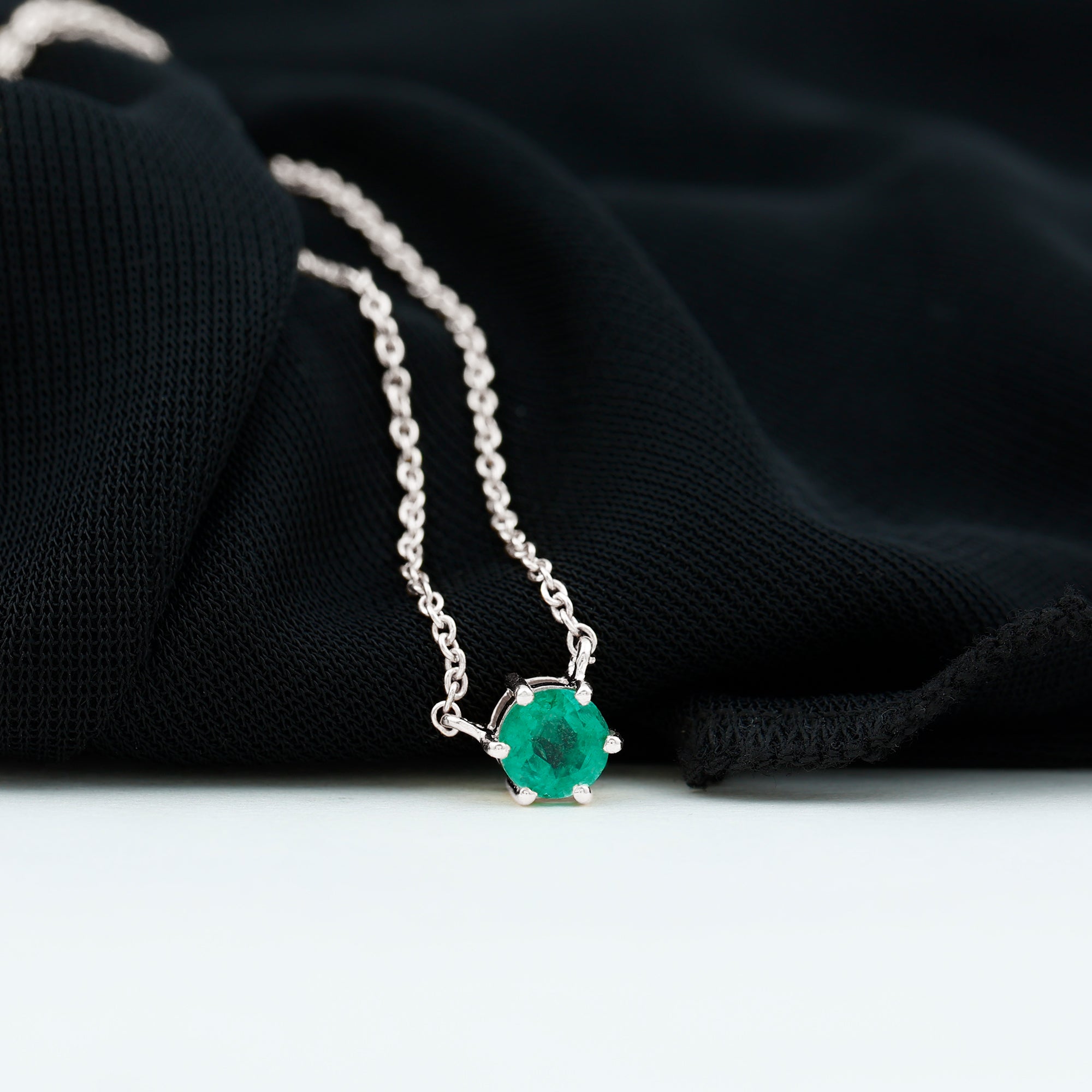 Emerald Solitaire Necklace – 5MM Round Cut Emerald in Secure 6 Prong Setting