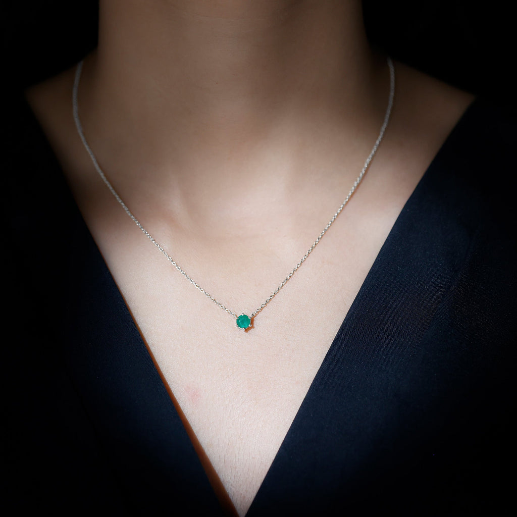 Emerald Solitaire Necklace – 5MM Round Cut Emerald in Secure 6 Prong Setting