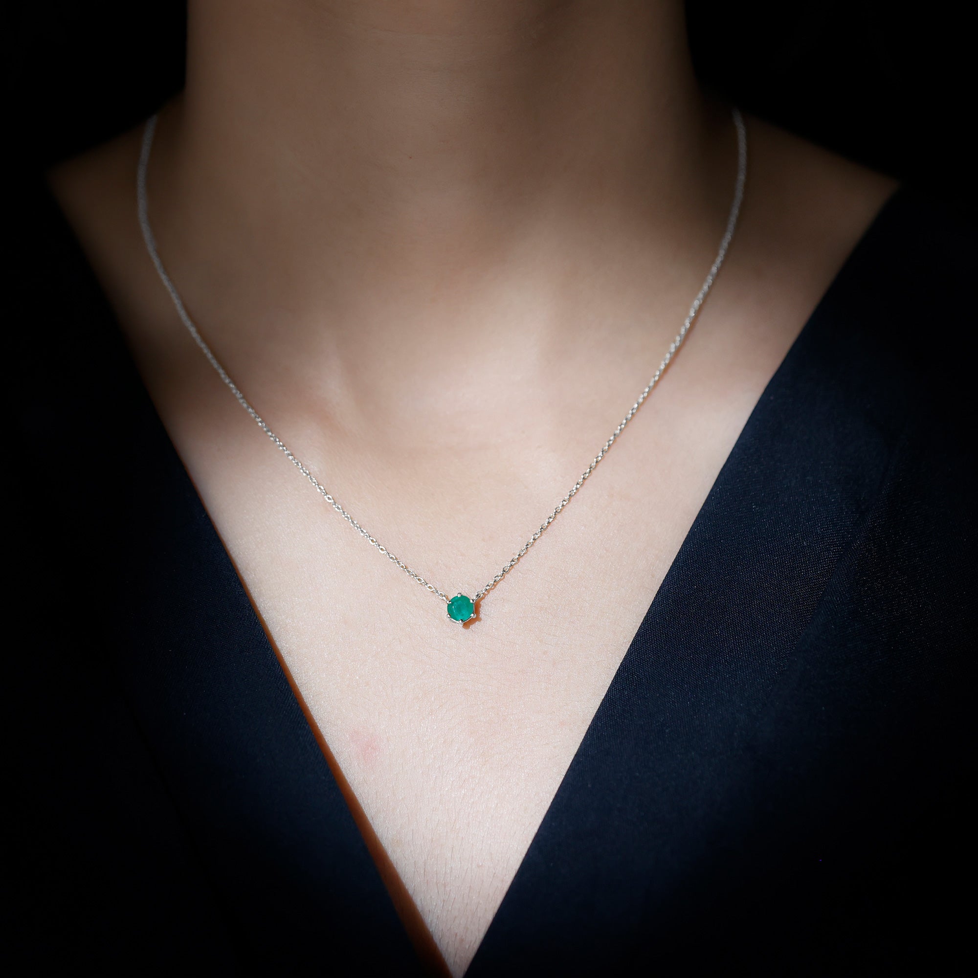 Emerald Solitaire Necklace – 5MM Round Cut Emerald in Secure 6 Prong Setting
