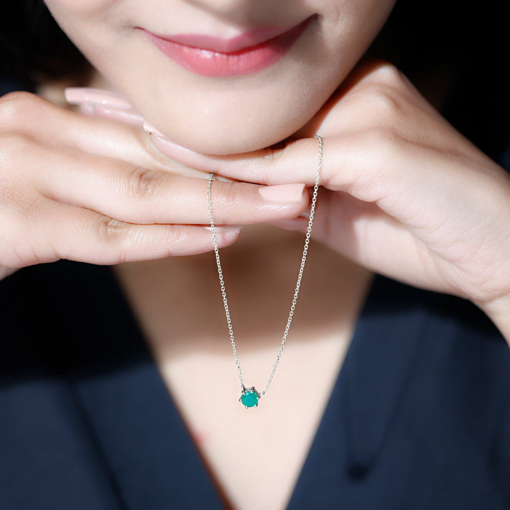 Emerald Solitaire Necklace – 5MM Round Cut Emerald in Secure 6 Prong Setting