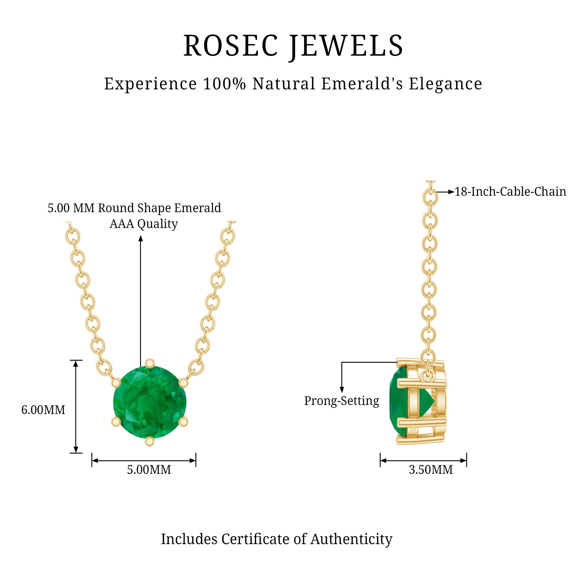 Emerald Solitaire Necklace – 5MM Round Cut Emerald in Secure 6 Prong Setting