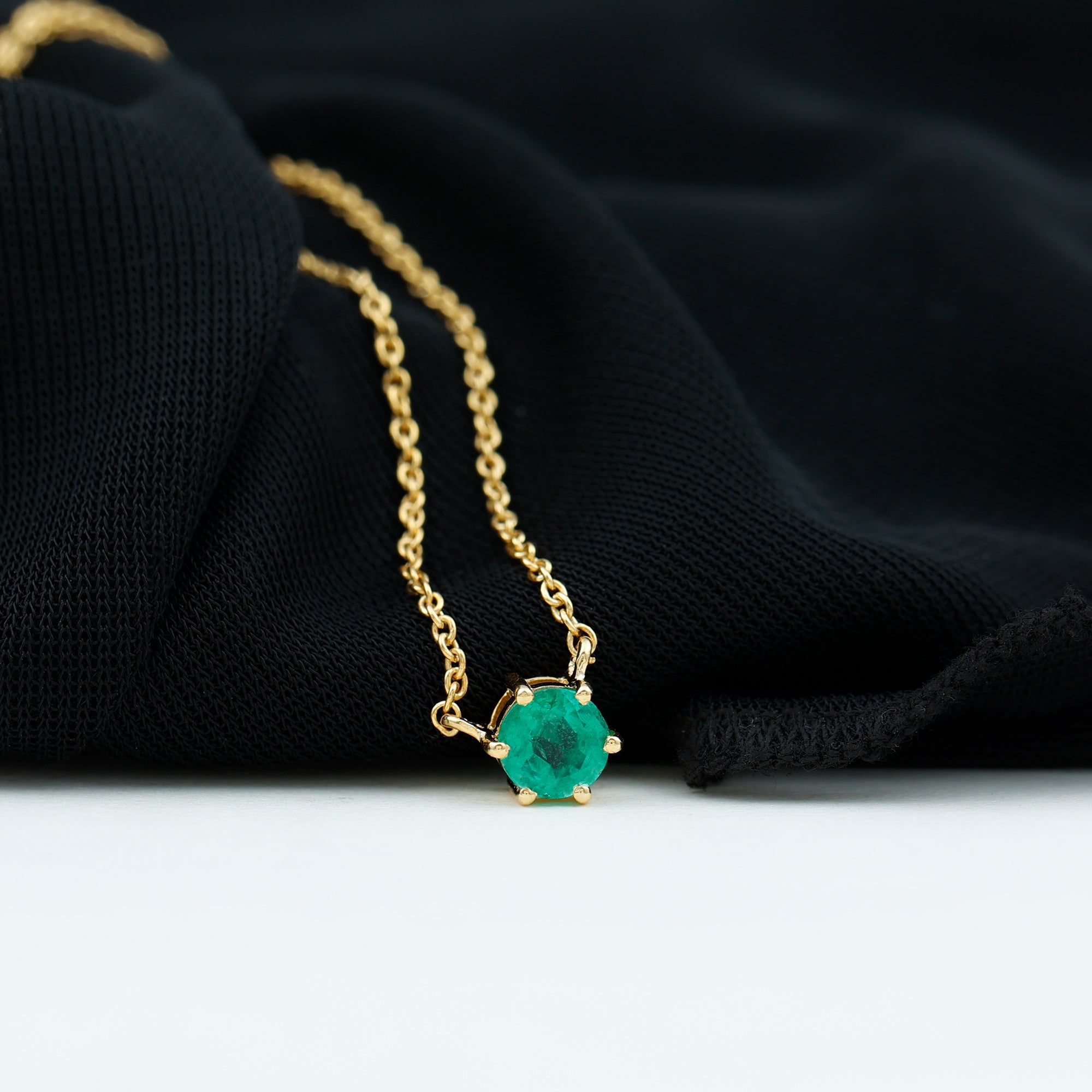 Emerald Solitaire Necklace – 5MM Round Cut Emerald in Secure 6 Prong Setting