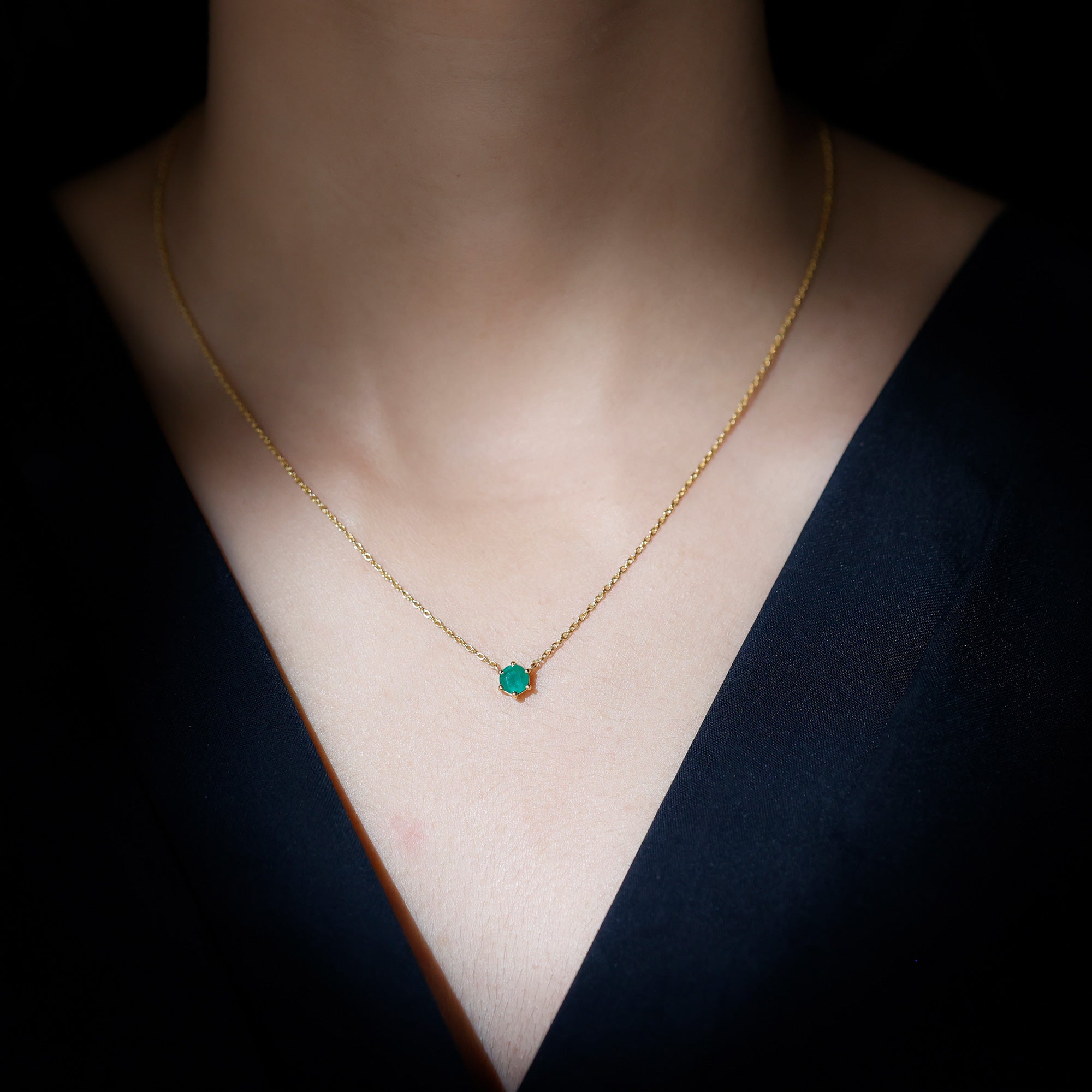 Emerald Solitaire Necklace – 5MM Round Cut Emerald in Secure 6 Prong Setting