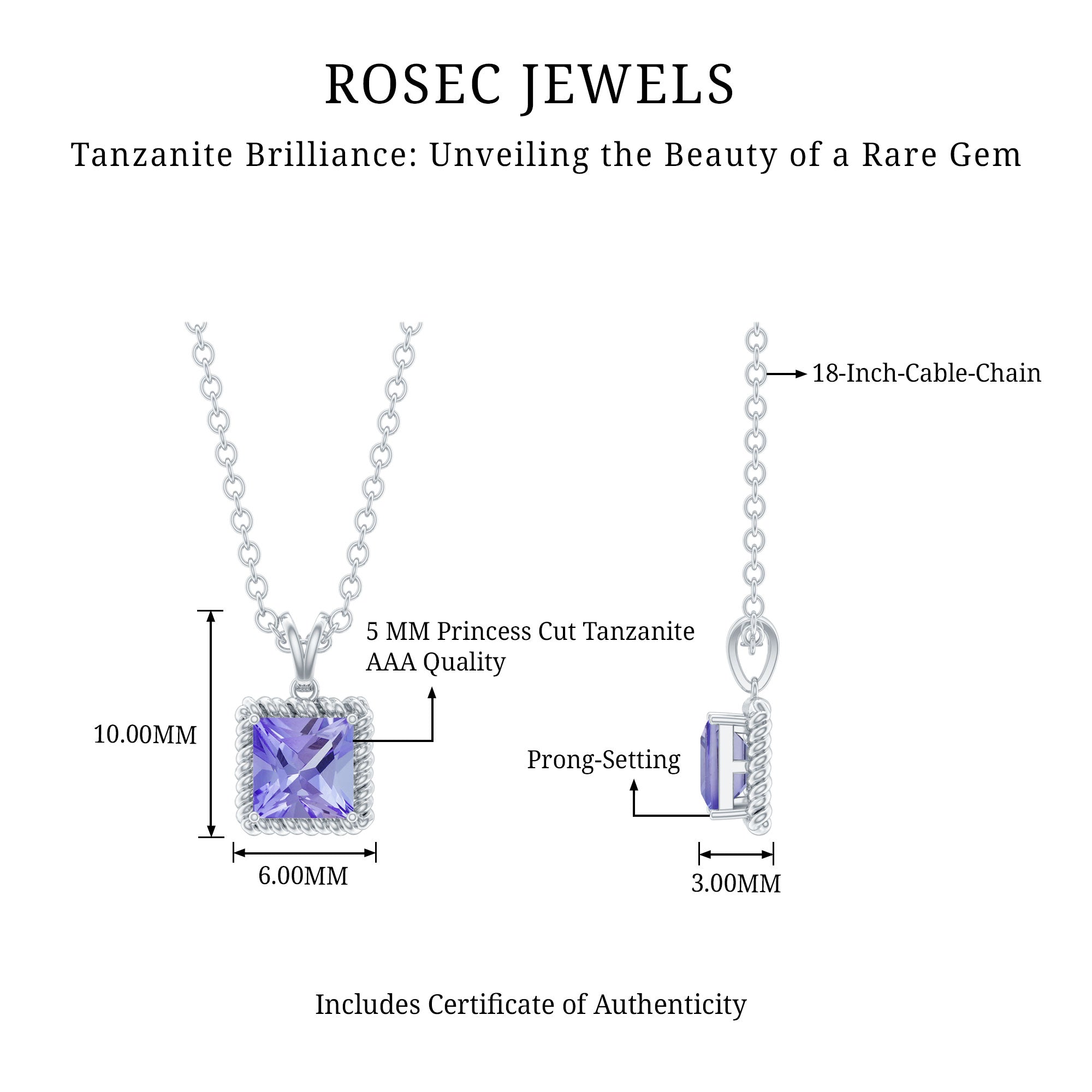 Tanzanite Solitaire Necklace – 0.7 Carat Princess Cut Pendant With Silver Chain