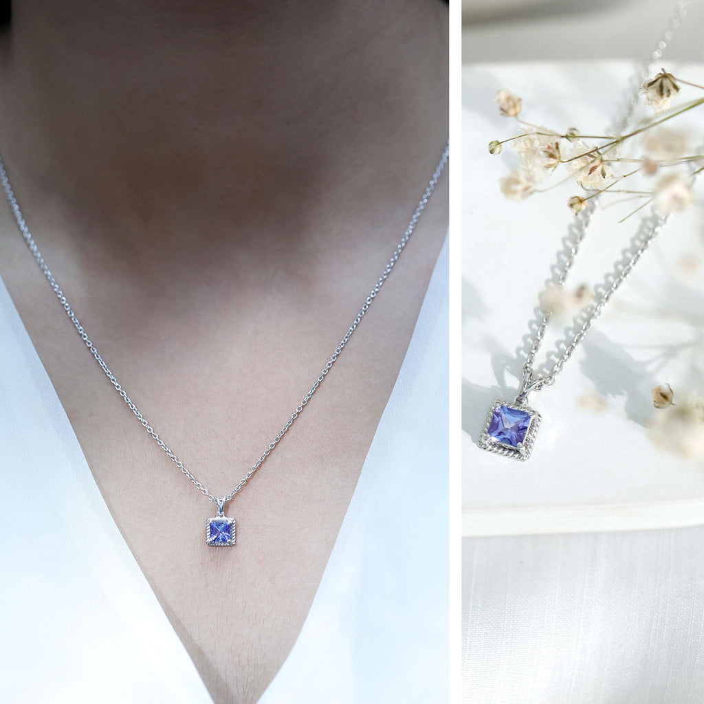Tanzanite Solitaire Necklace – 0.7 Carat Princess Cut Pendant With Silver Chain