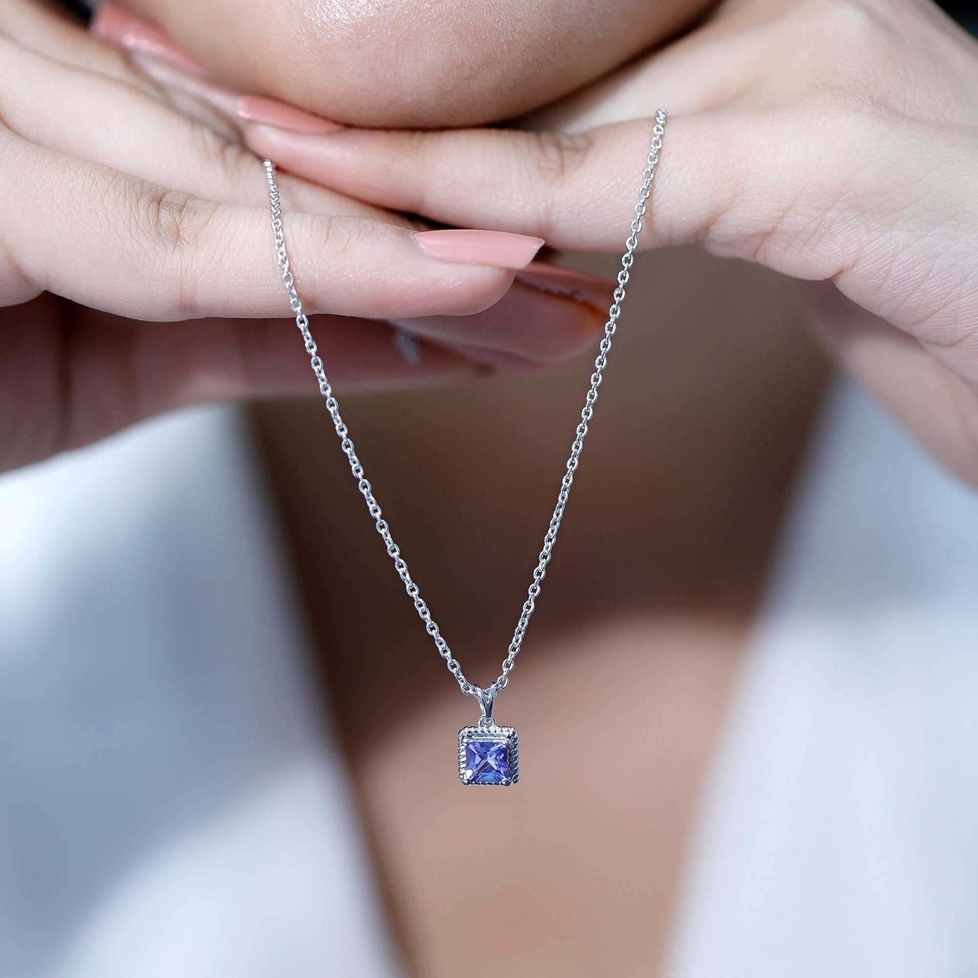 Tanzanite Solitaire Necklace – 0.7 Carat Princess Cut Pendant With Silver Chain