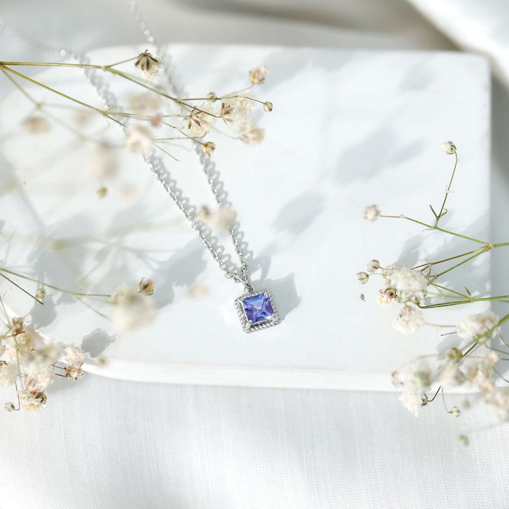 Tanzanite Solitaire Necklace – 0.7 Carat Princess Cut Pendant With Silver Chain