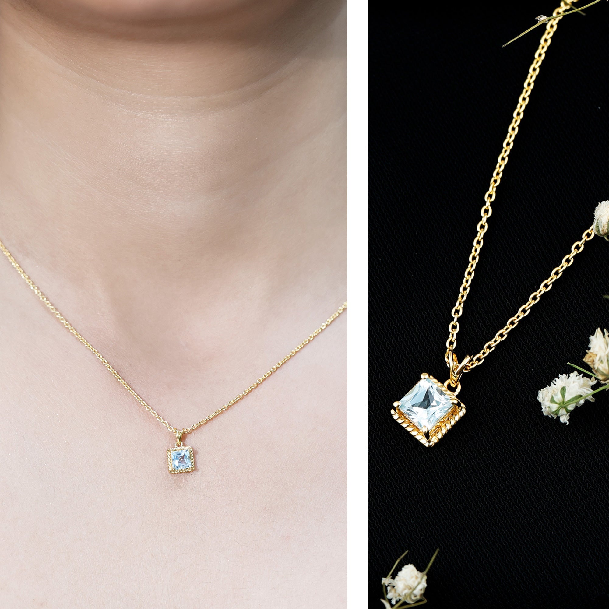 Sterling Silver Half Carat Princess Cut Sky Blue Topaz Pendant Necklace with Chain