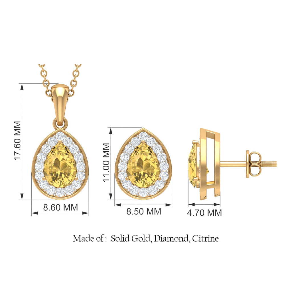 Natural Citrine Teardrop Necklace and Earrings Set with Diamond Halo