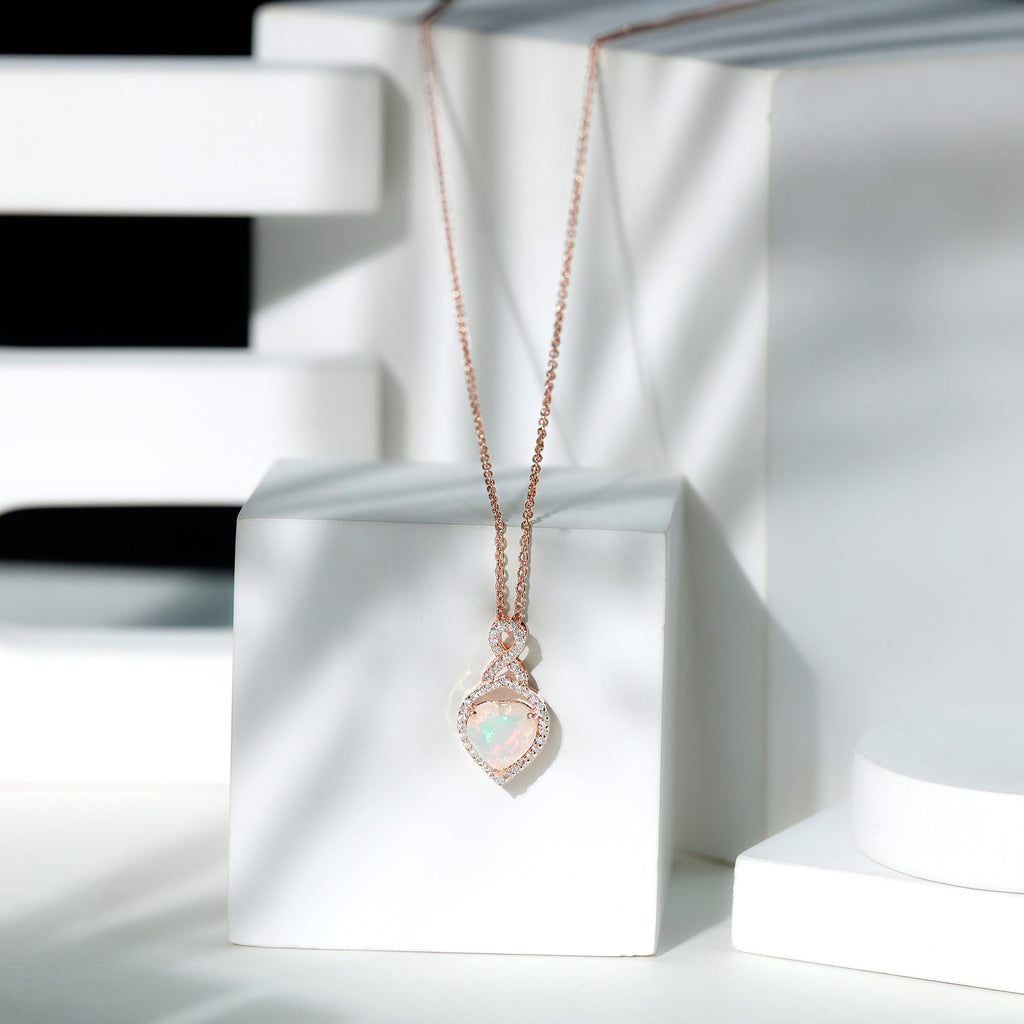 Ethiopian Opal Pendant – 2 Carat Heart Shape Infinity Necklace with Lab Grown Diamonds