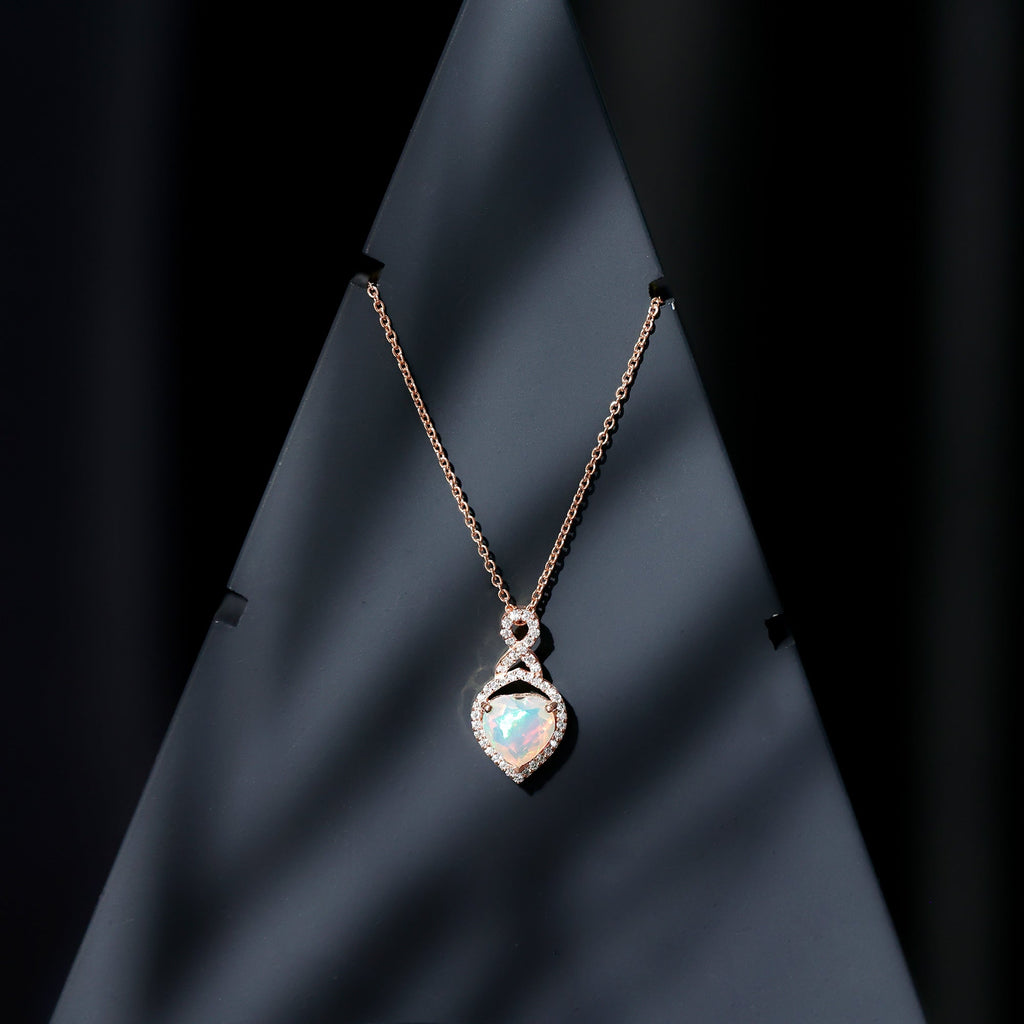 Ethiopian Opal Pendant – 2 Carat Heart Shape Infinity Necklace with Lab Grown Diamonds