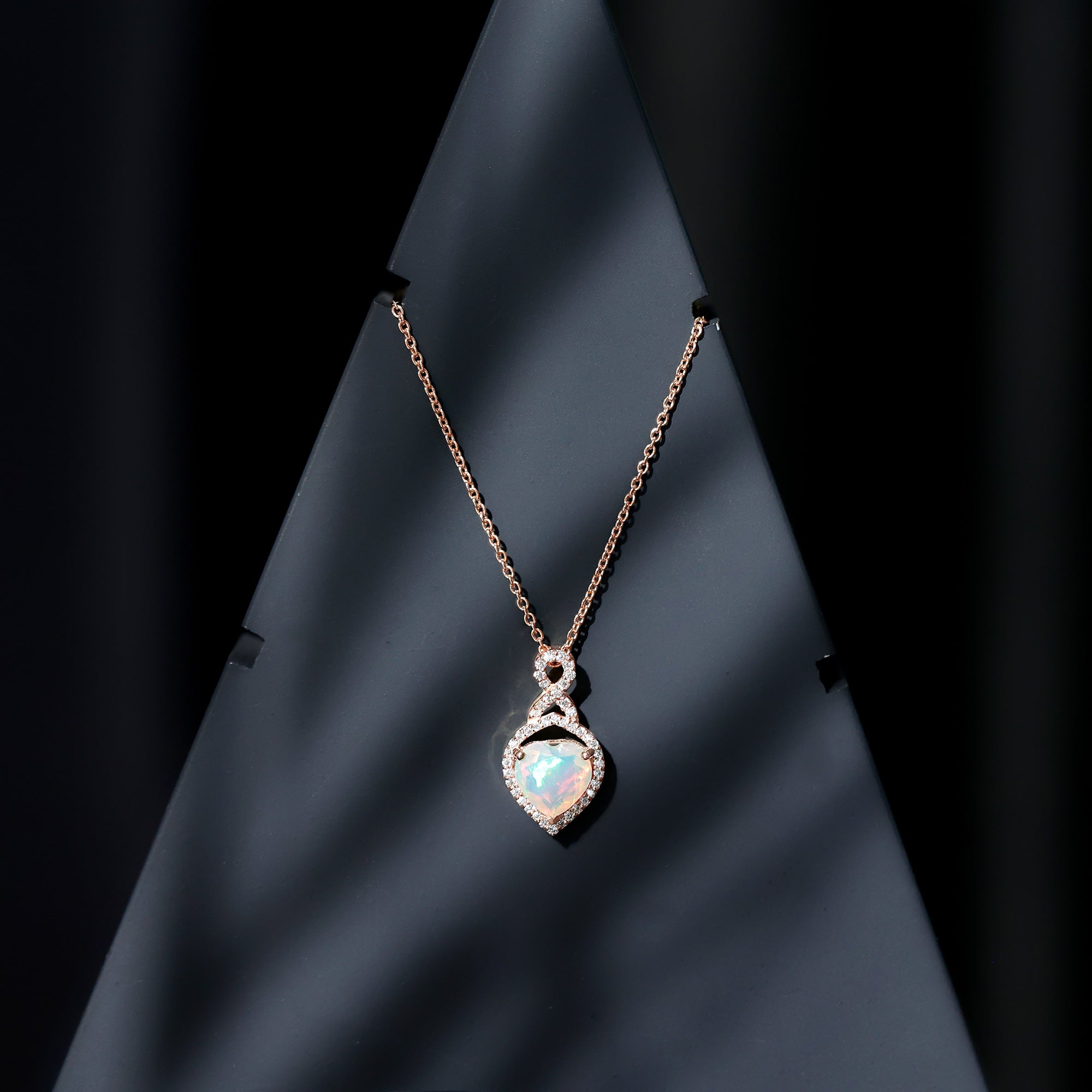 Ethiopian Opal Pendant – 2 Carat Heart Shape Infinity Necklace with Lab Grown Diamonds