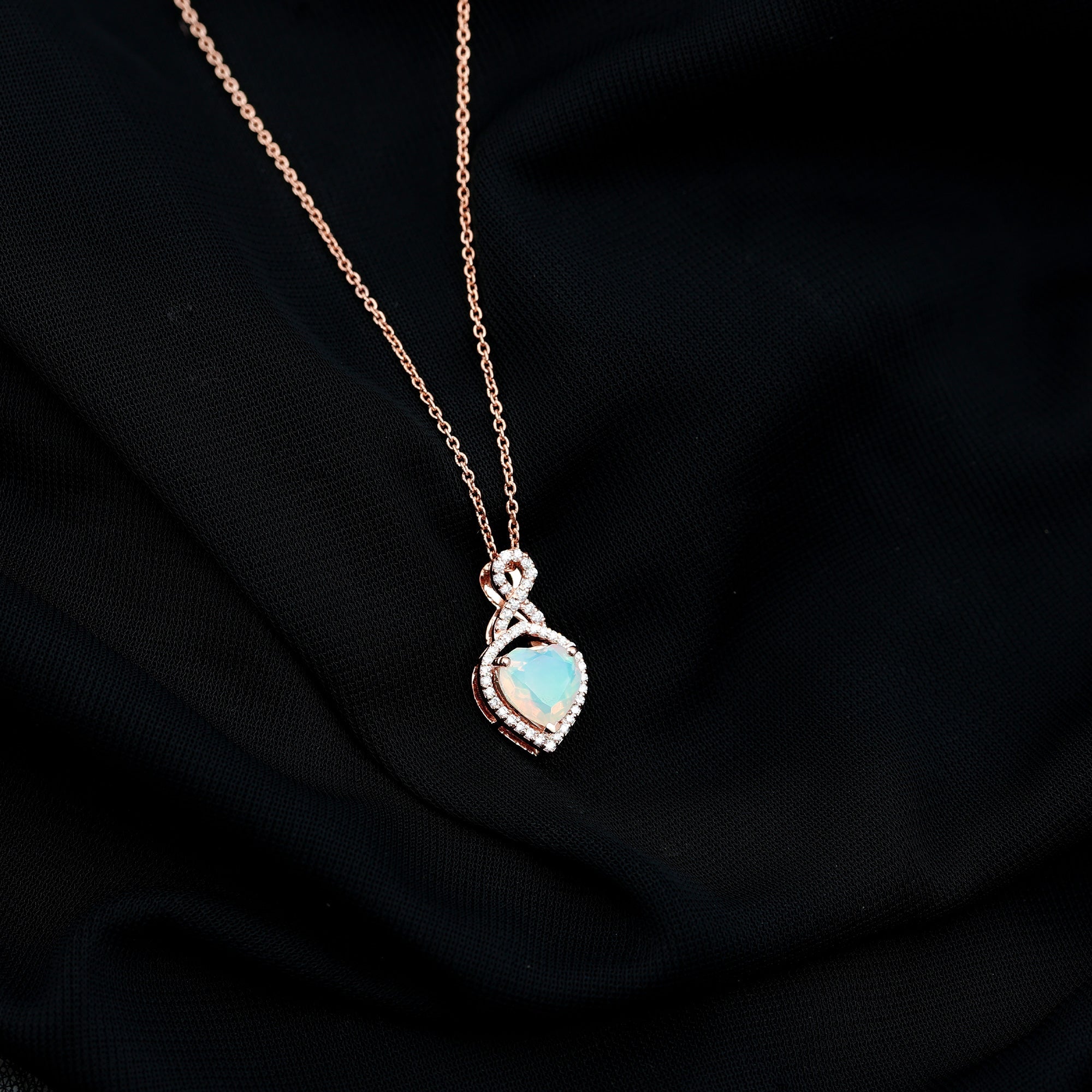 Ethiopian Opal Pendant – 2 Carat Heart Shape Infinity Necklace with Lab Grown Diamonds