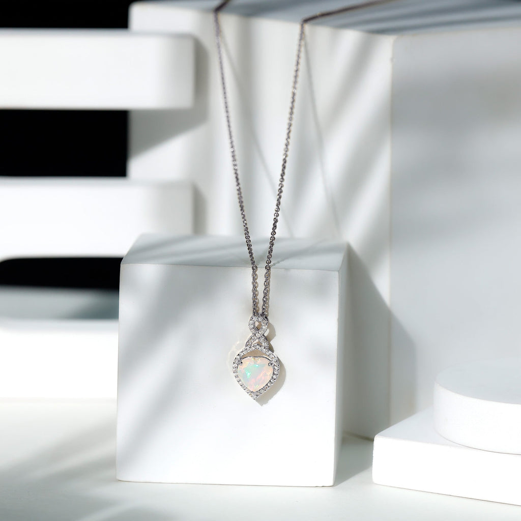 Ethiopian Opal Pendant – 2 Carat Heart Shape Infinity Necklace with Lab Grown Diamonds