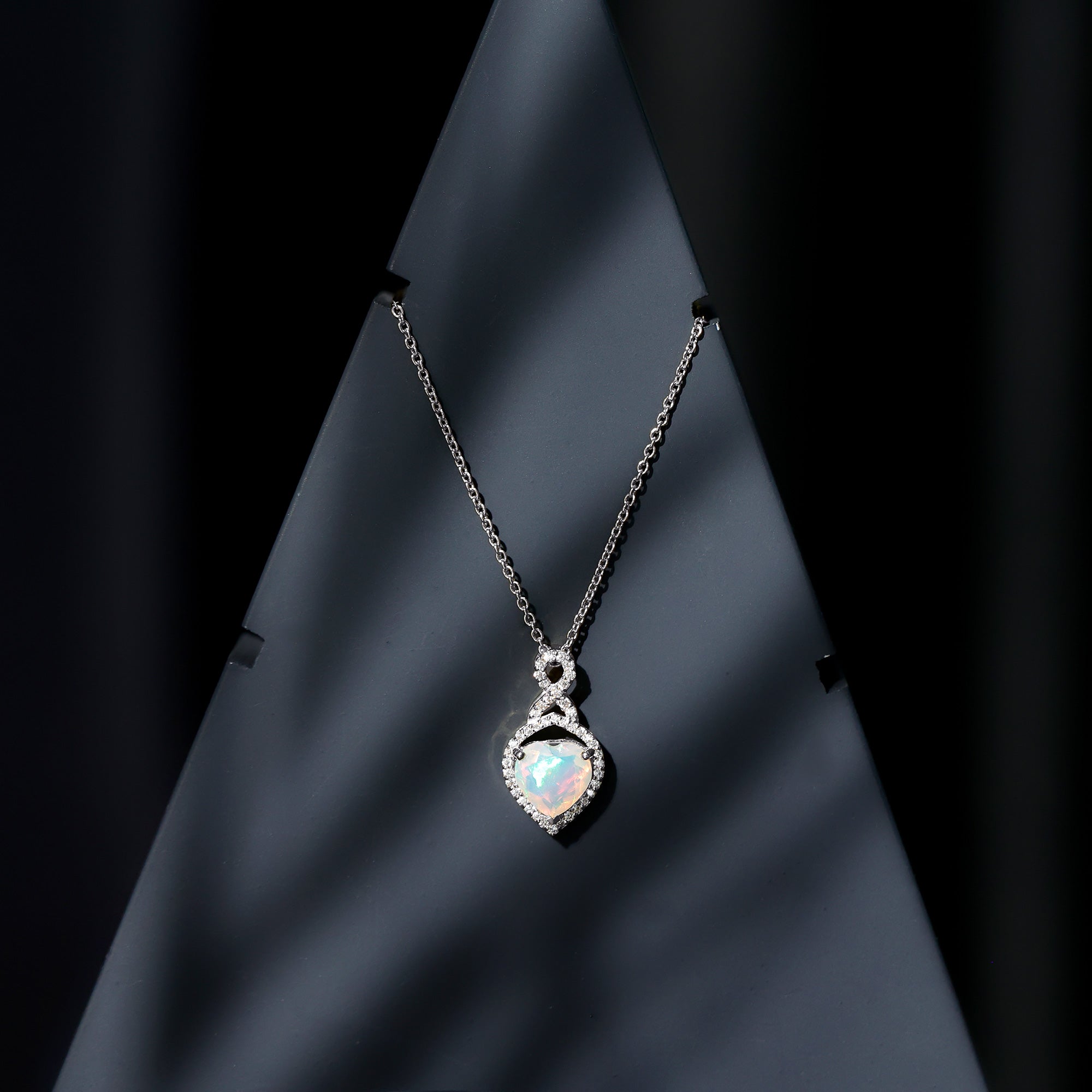 Ethiopian Opal Pendant – 2 Carat Heart Shape Infinity Necklace with Lab Grown Diamonds